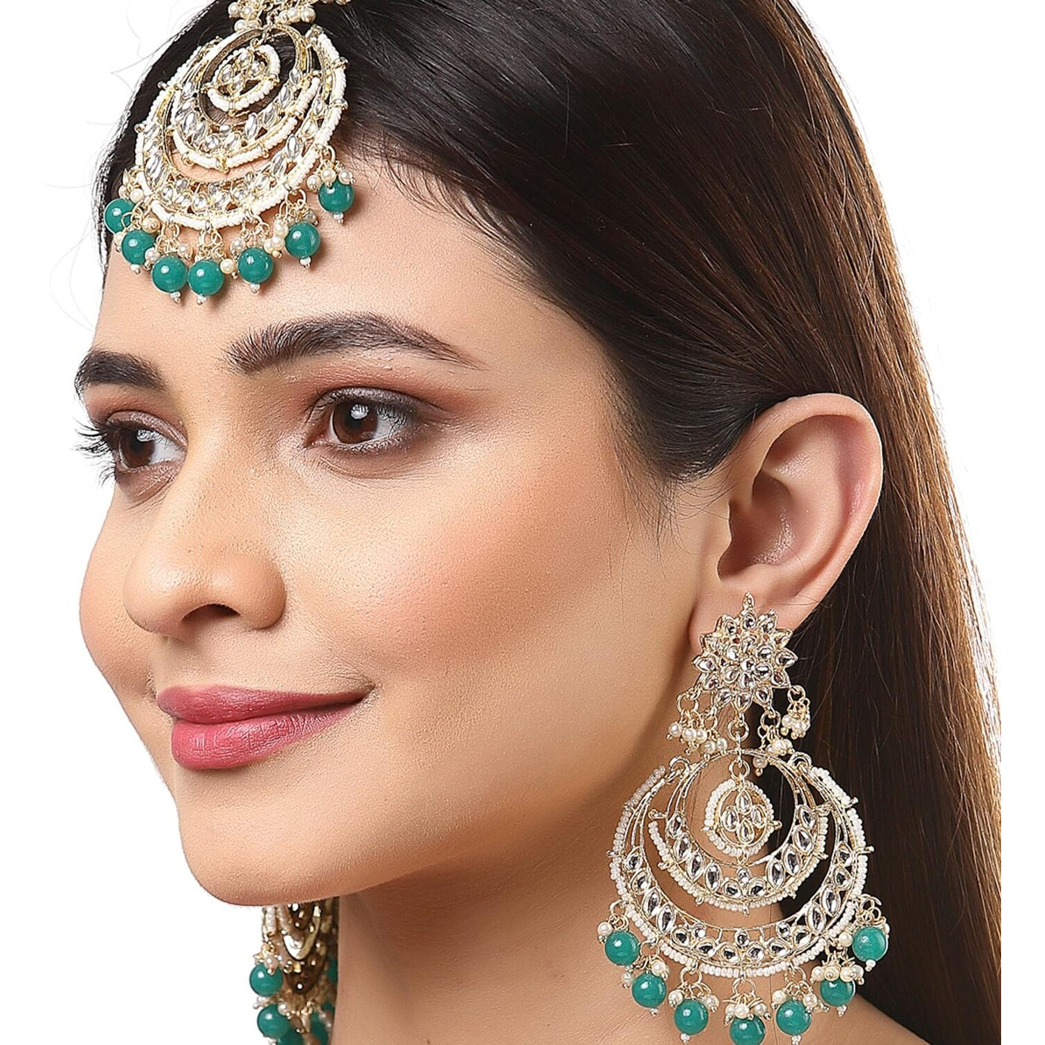 ZENEME Traditional Gold Plated Big Chandbali Kundan & Pearl Earring Set With Maang Tikka for Women (Green)