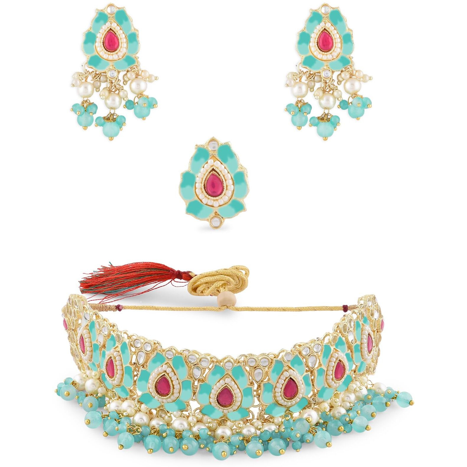 ZAVERI PEARLS Pink & Green Lotus Design Meenakari Choker Necklace Earring & Ring Set For Women-ZPFK14755