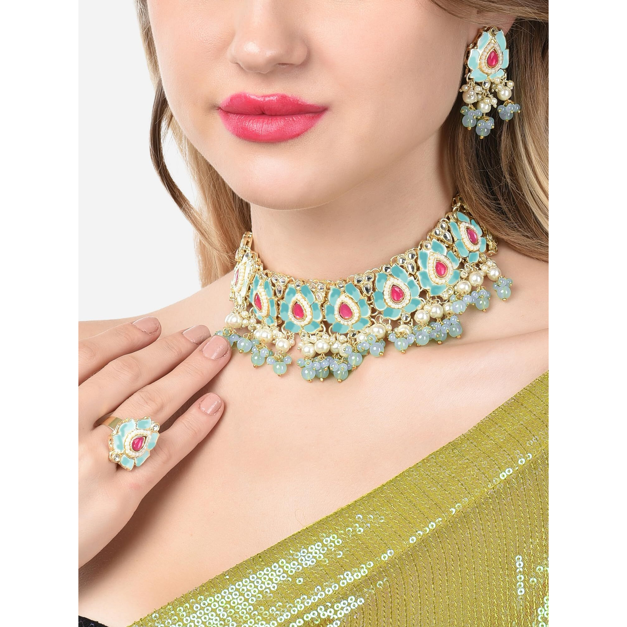 ZAVERI PEARLS Pink & Green Lotus Design Meenakari Choker Necklace Earring & Ring Set For Women-ZPFK14755