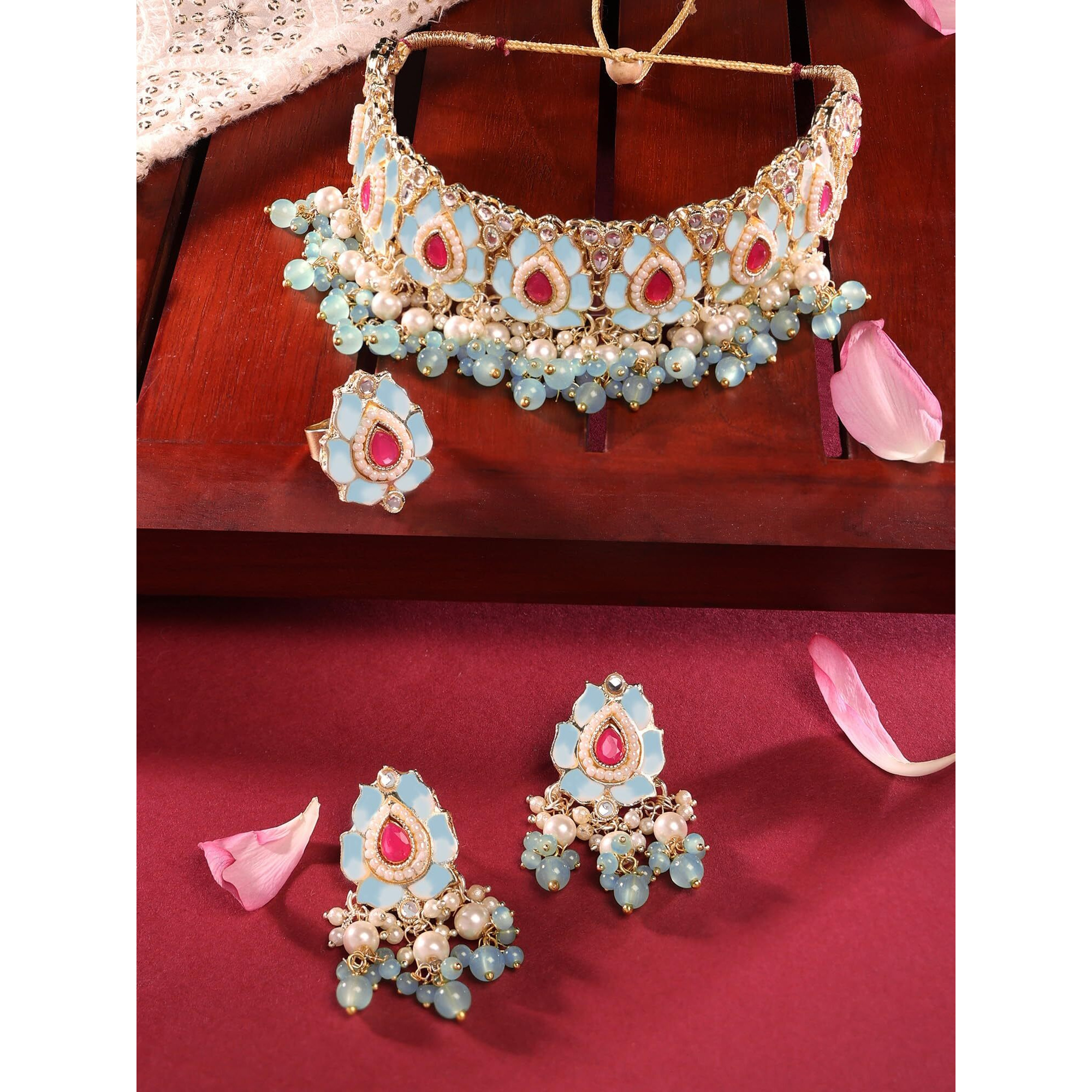 ZAVERI PEARLS Pink & Green Lotus Design Meenakari Choker Necklace Earring & Ring Set For Women-ZPFK14755