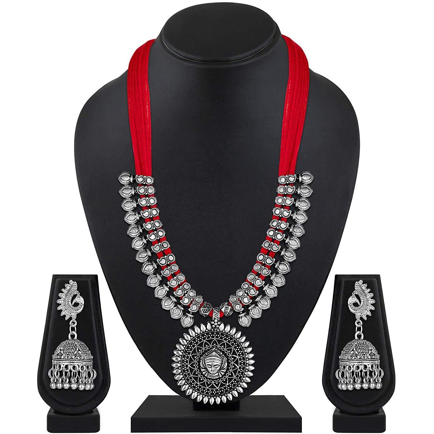 Shining Diva Fashion Latest Oxidized Silver Godess Durga Design Necklace Jewellery Set for Women (Design2-red) (rrsd11242s)