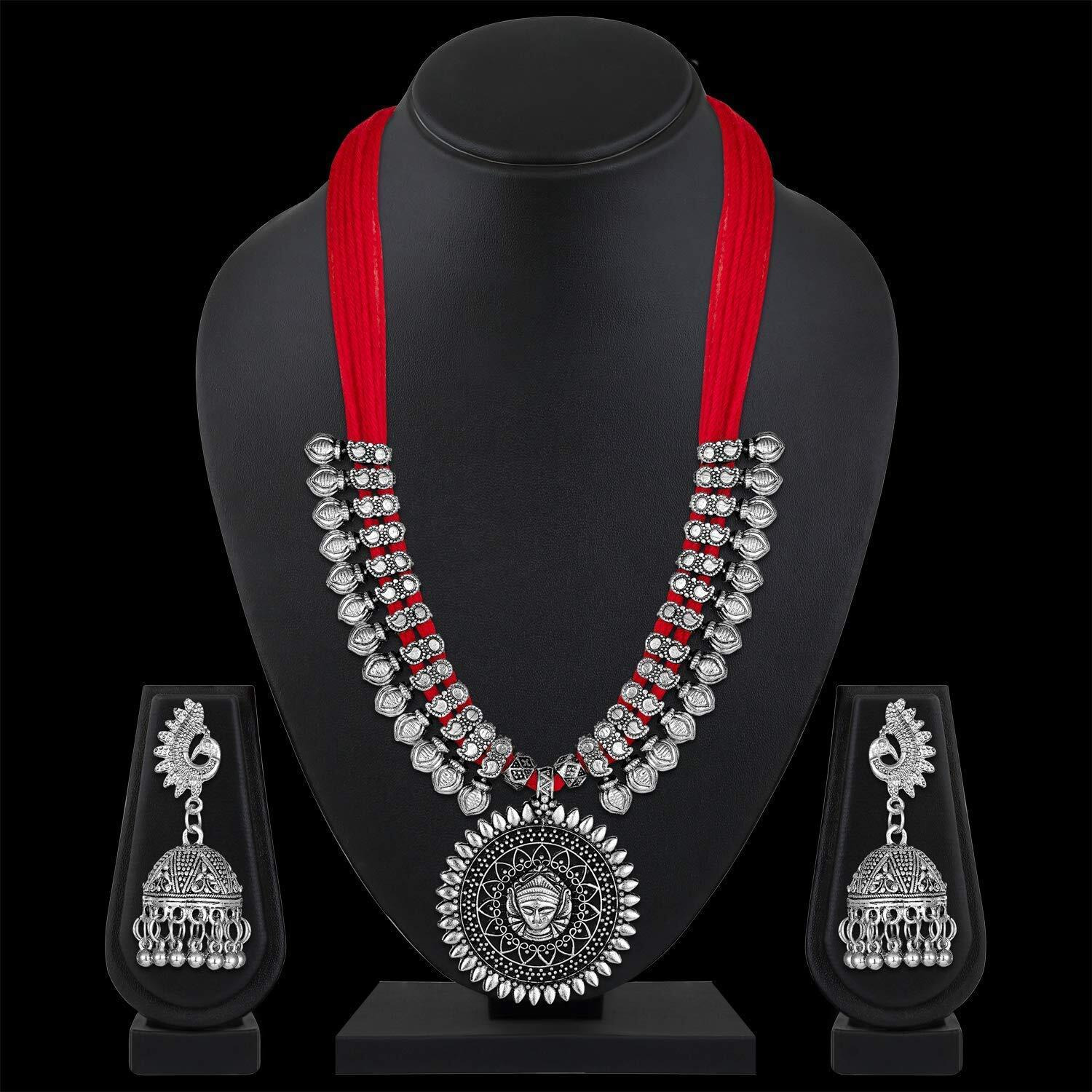 Shining Diva Fashion Latest Oxidized Silver Godess Durga Design Necklace Jewellery Set for Women (Design2-red) (rrsd11242s)