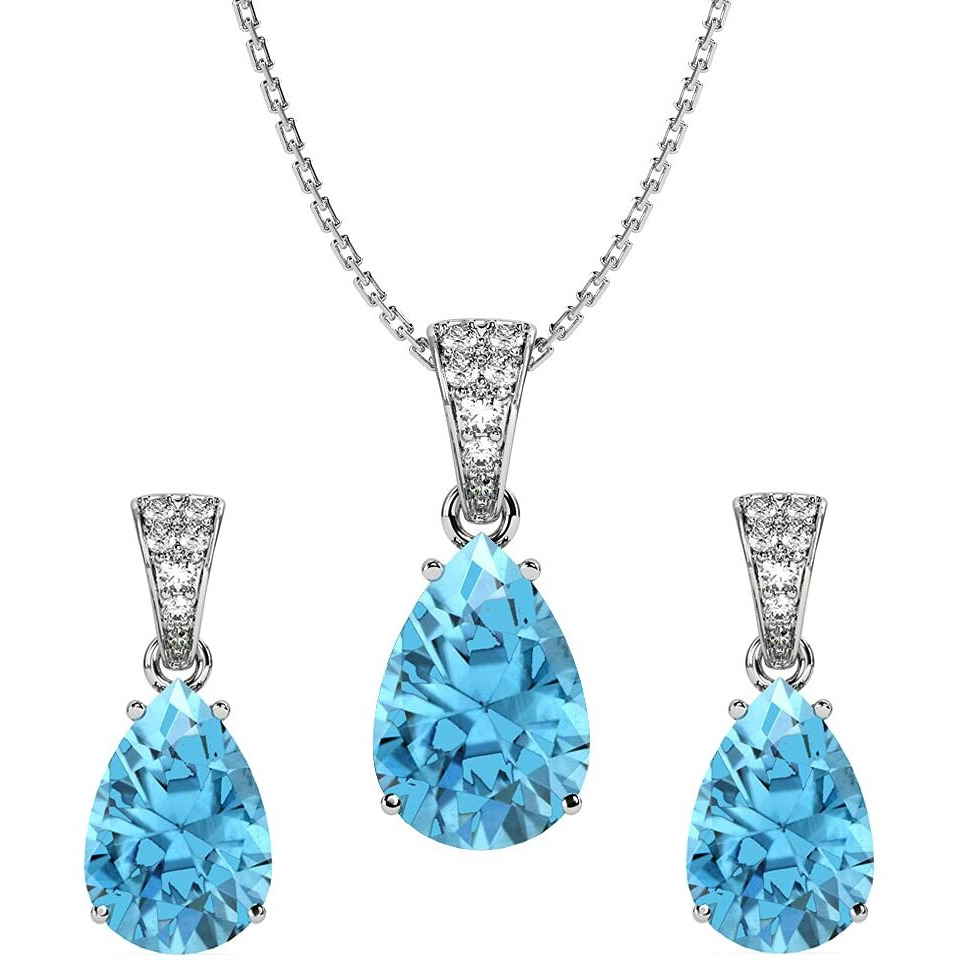 Clara 925 Sterling Silver Sky Blue Tear Drop Pendant Earring Chain Jewellery Set | Rhodium Plated, Swiss Zirconia | Gift for Women & Girls