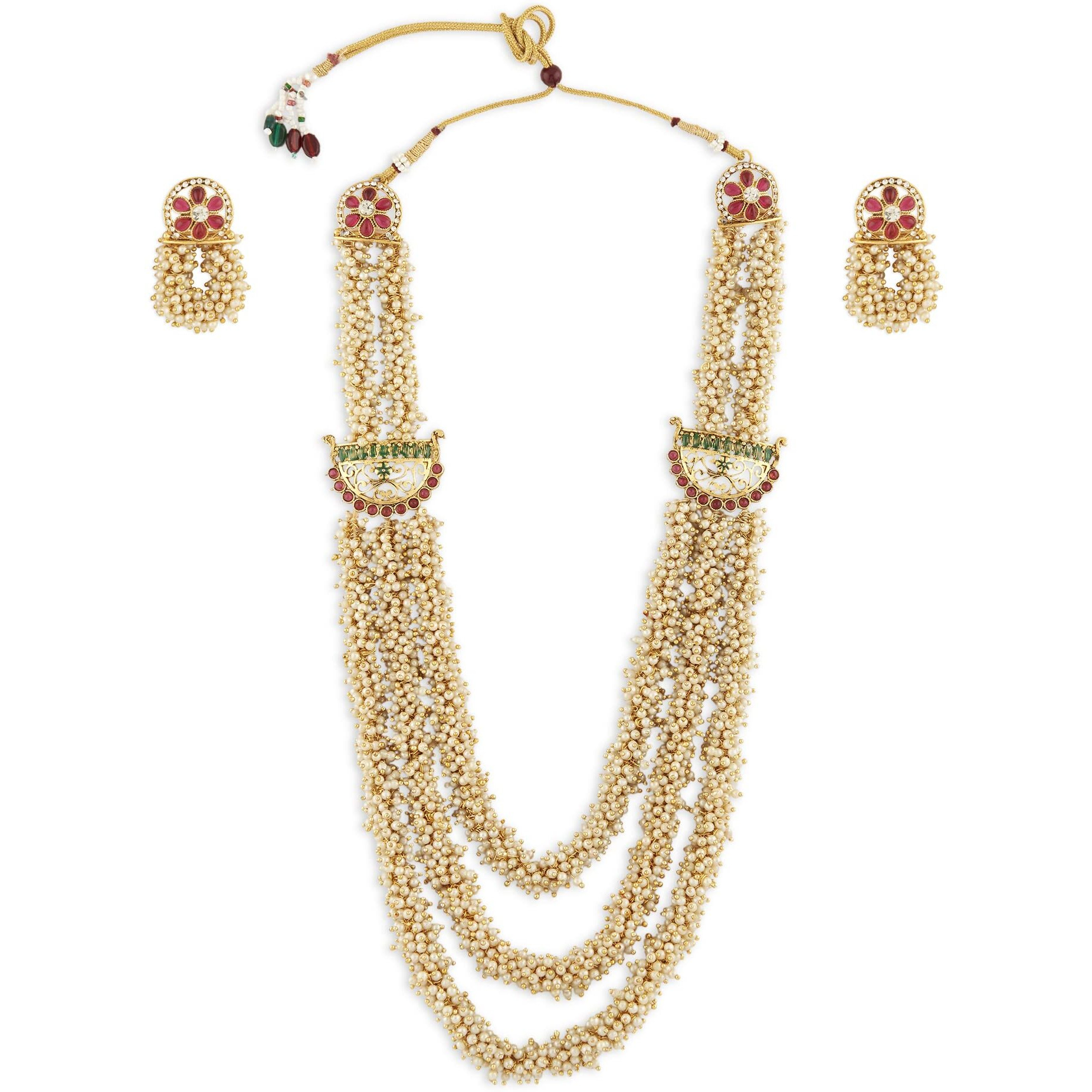 ZAVERI PEARLS Pink & Green Multi Layers Cluster Pearls Long Necklace & Earring Set For Women-ZPFK13669