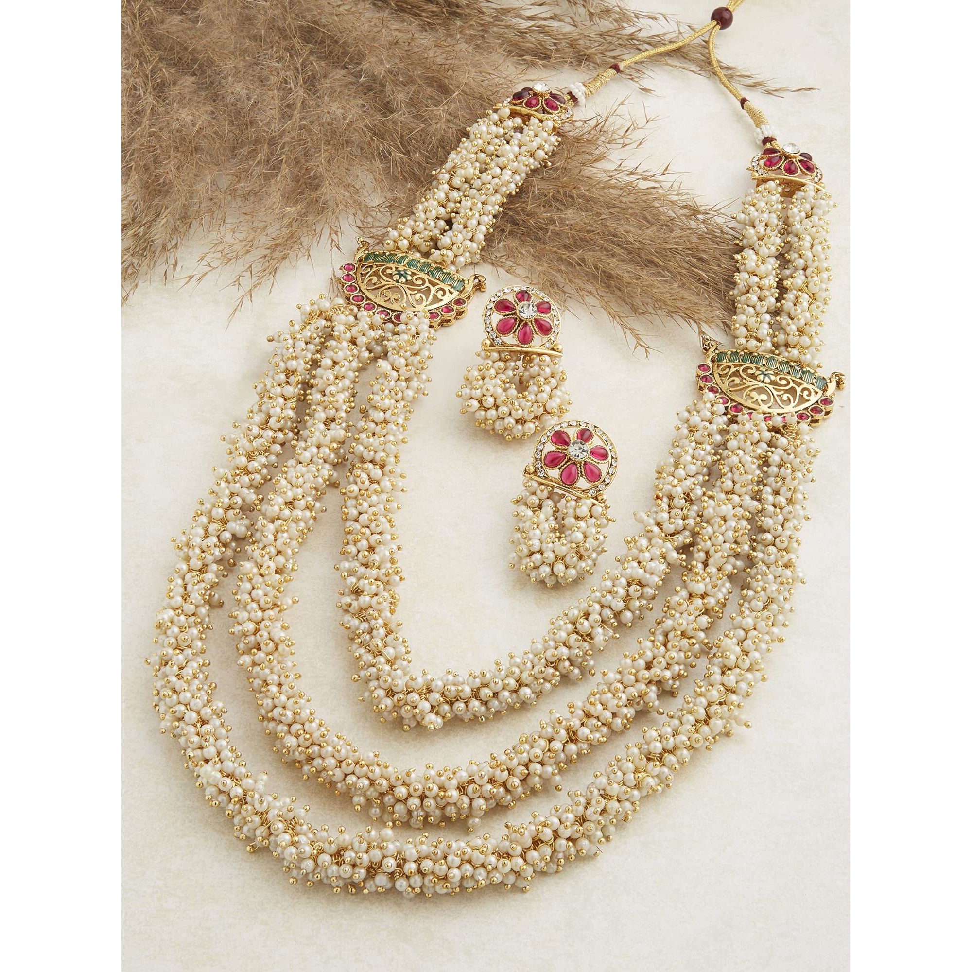 ZAVERI PEARLS Pink & Green Multi Layers Cluster Pearls Long Necklace & Earring Set For Women-ZPFK13669