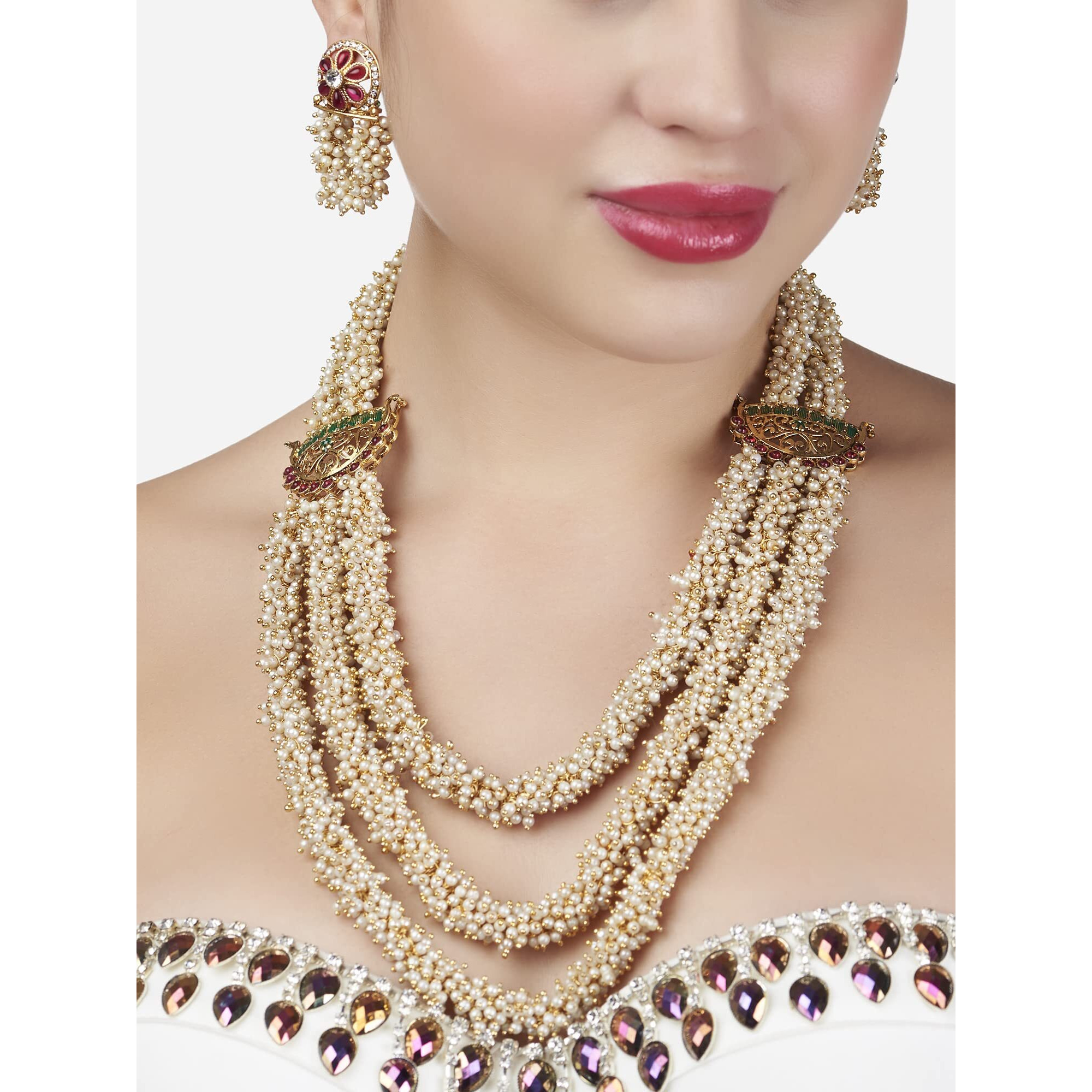 ZAVERI PEARLS Pink & Green Multi Layers Cluster Pearls Long Necklace & Earring Set For Women-ZPFK13669