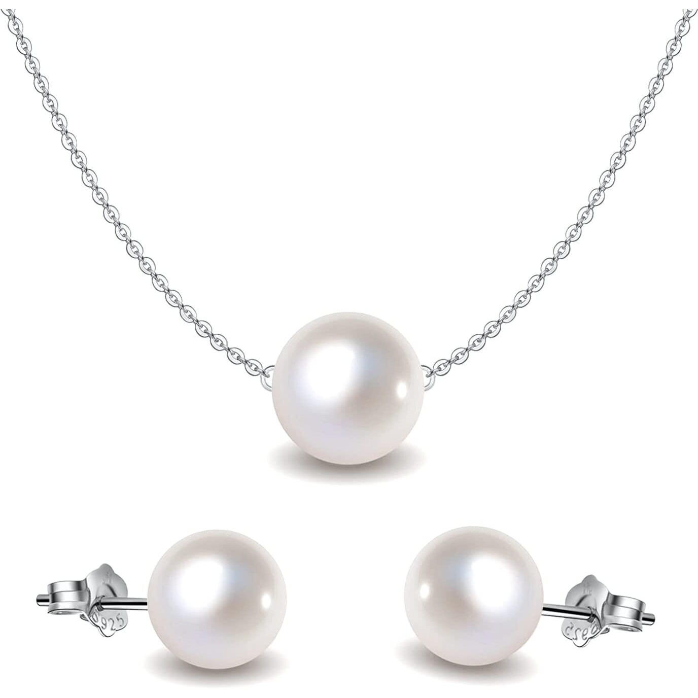 HighSpark Pearl Earrings Pendant Chain Set | 92.5 Sterling Silver & Brilliant Lustre Pearls | Lovely Gift for Women & Girls - Pearl Moon Set