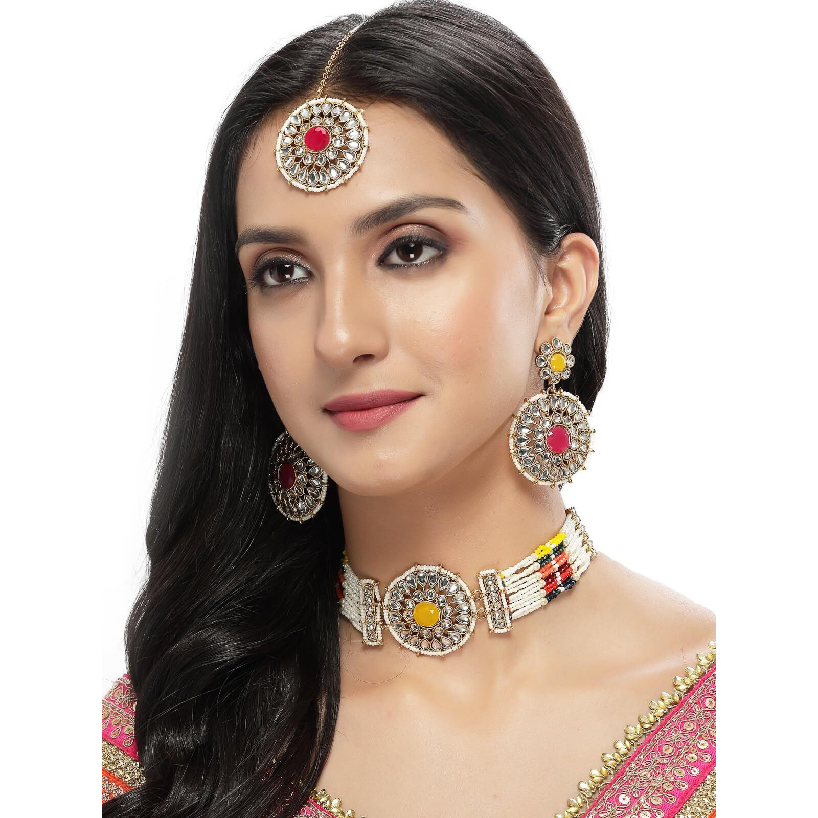 Sukkhi Decorative Round Shaped Multicolor Kundan & Beads Choker Necklace Set With Earring And Maangtika | Jewellery Set For Women (NS105499)