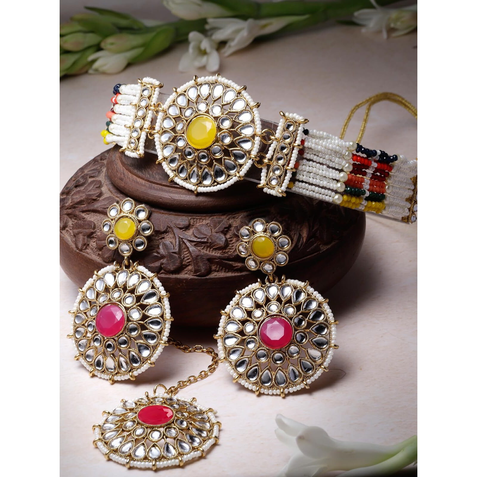 Sukkhi Decorative Round Shaped Multicolor Kundan & Beads Choker Necklace Set With Earring And Maangtika | Jewellery Set For Women (NS105499)