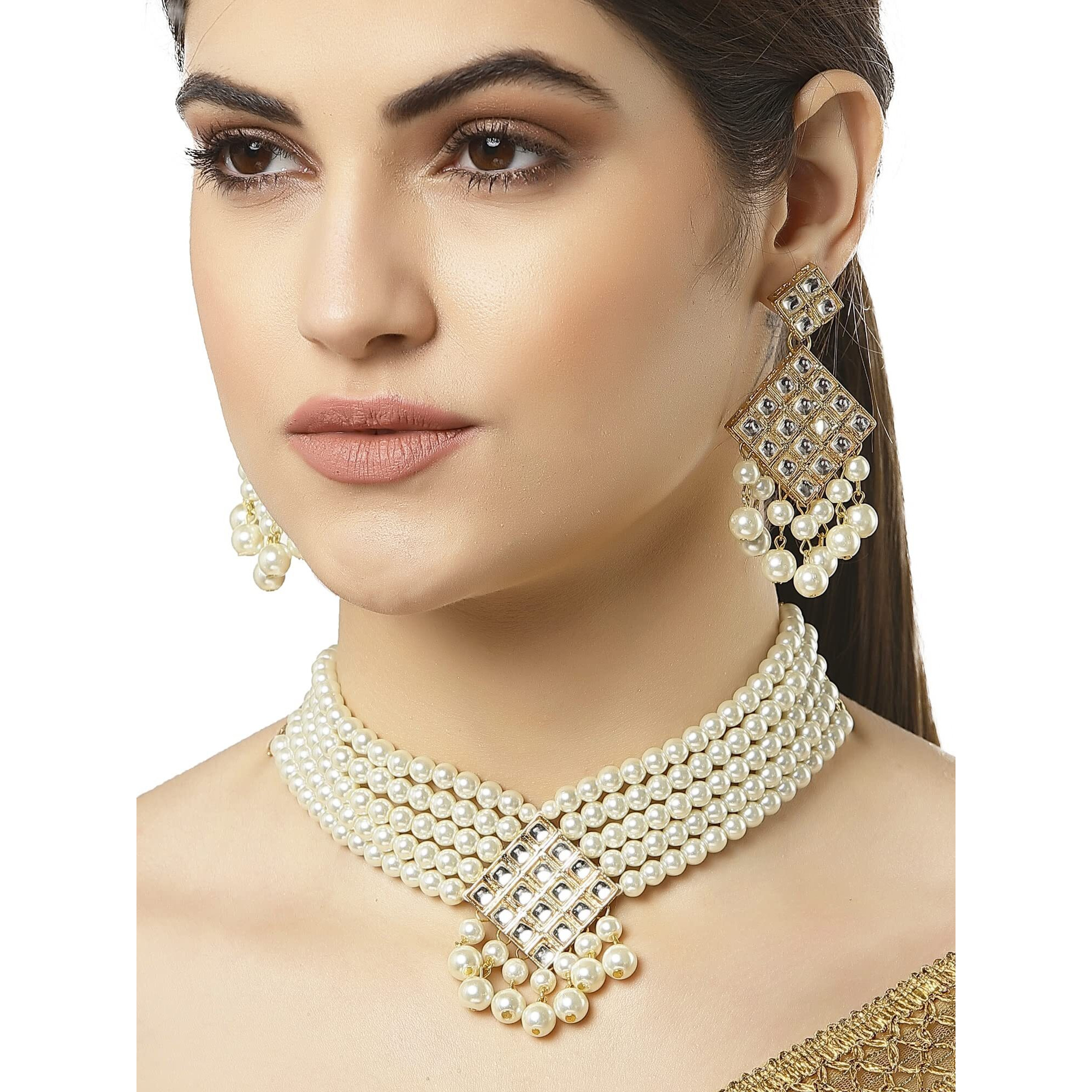 Karatcart Handcrafted Pearl Beads Gold Plated Kundan Choker Necklace Set for Women