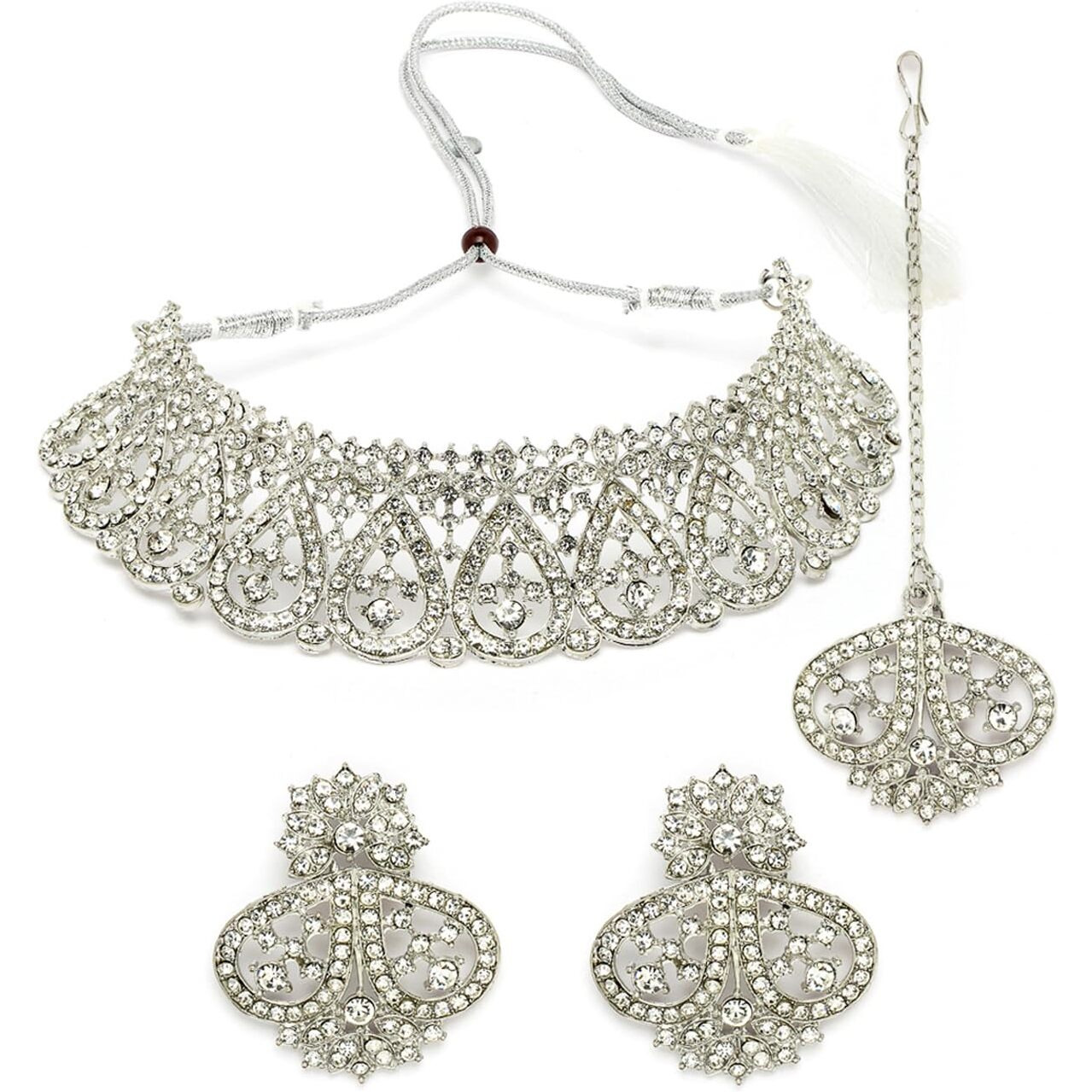 Sukkhi Universal Rhodium Plated Silver AD Stone Choker Necklace Set With Earring And Maangtika | Jewellery Set For Women (NS105484)