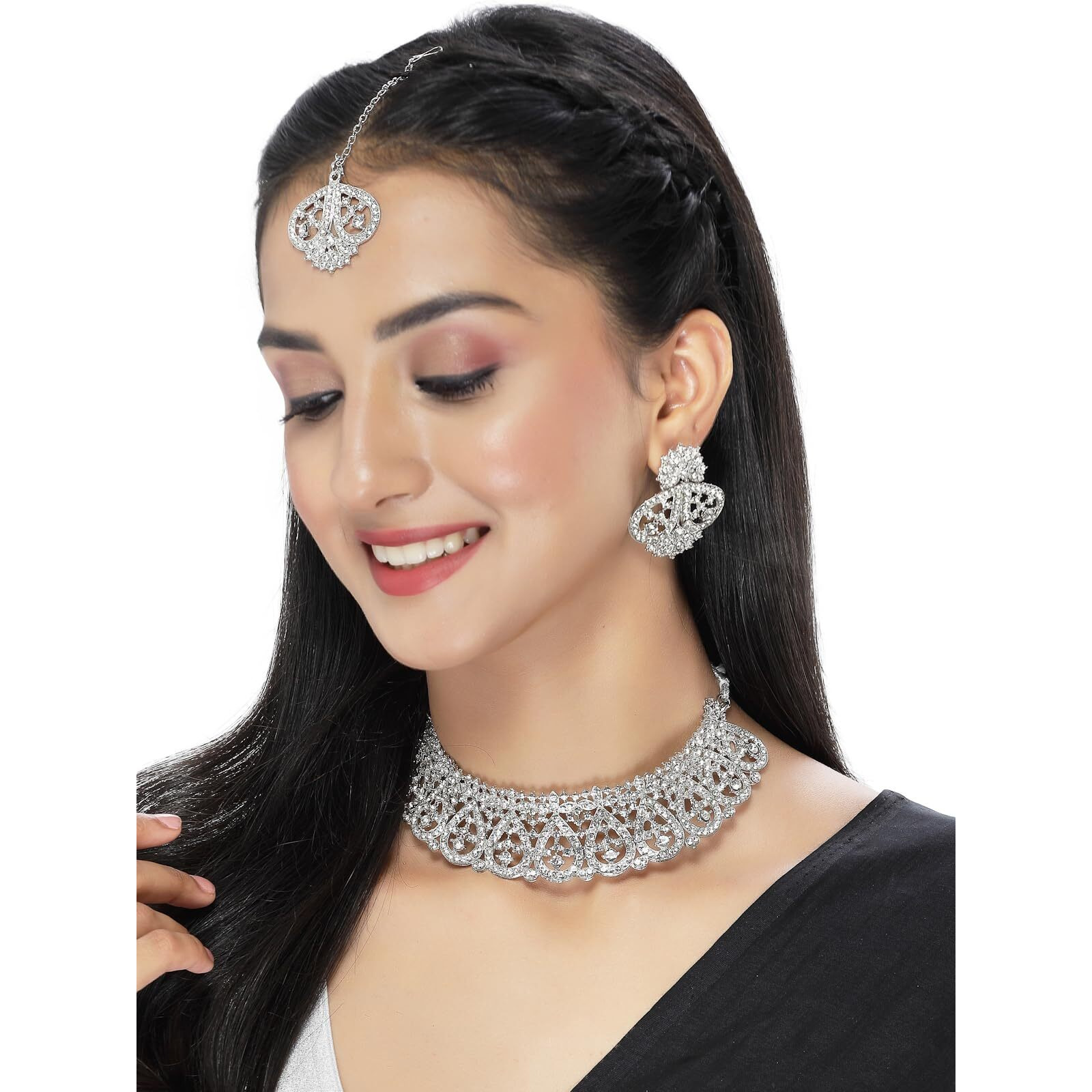 Sukkhi Universal Rhodium Plated Silver AD Stone Choker Necklace Set With Earring And Maangtika | Jewellery Set For Women (NS105484)