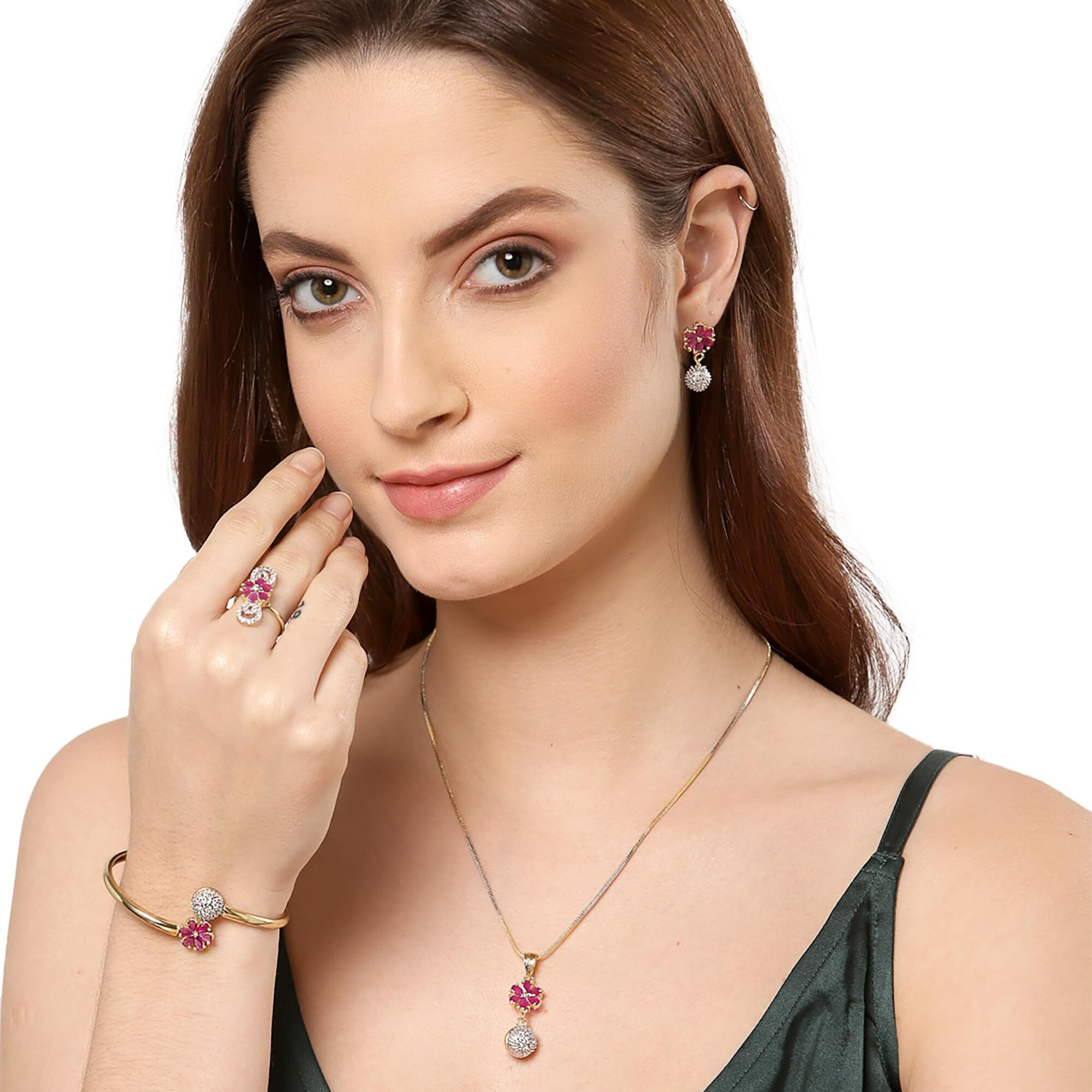 ZENEME Cubic Zirconia Ruby Round Shaped Pendant With Chain Earrings, Bracelet Ring Jewellery For Women