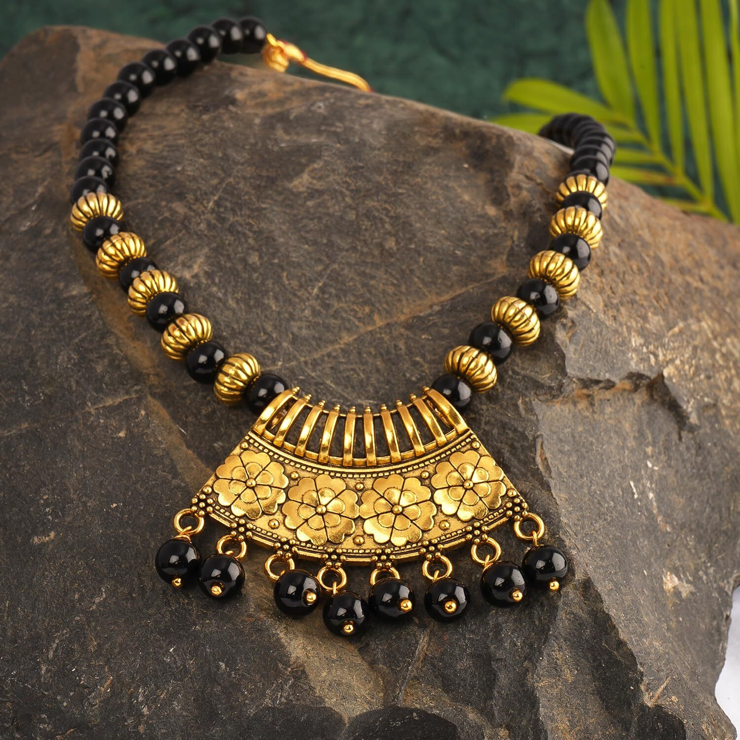 JFL - Jewellery for Less Gold Plated Traditional Antique Oxidised beads jewellery set Semi-Circle Gold Pendant Beaded Necklace Set for Women and Girls. (Black)