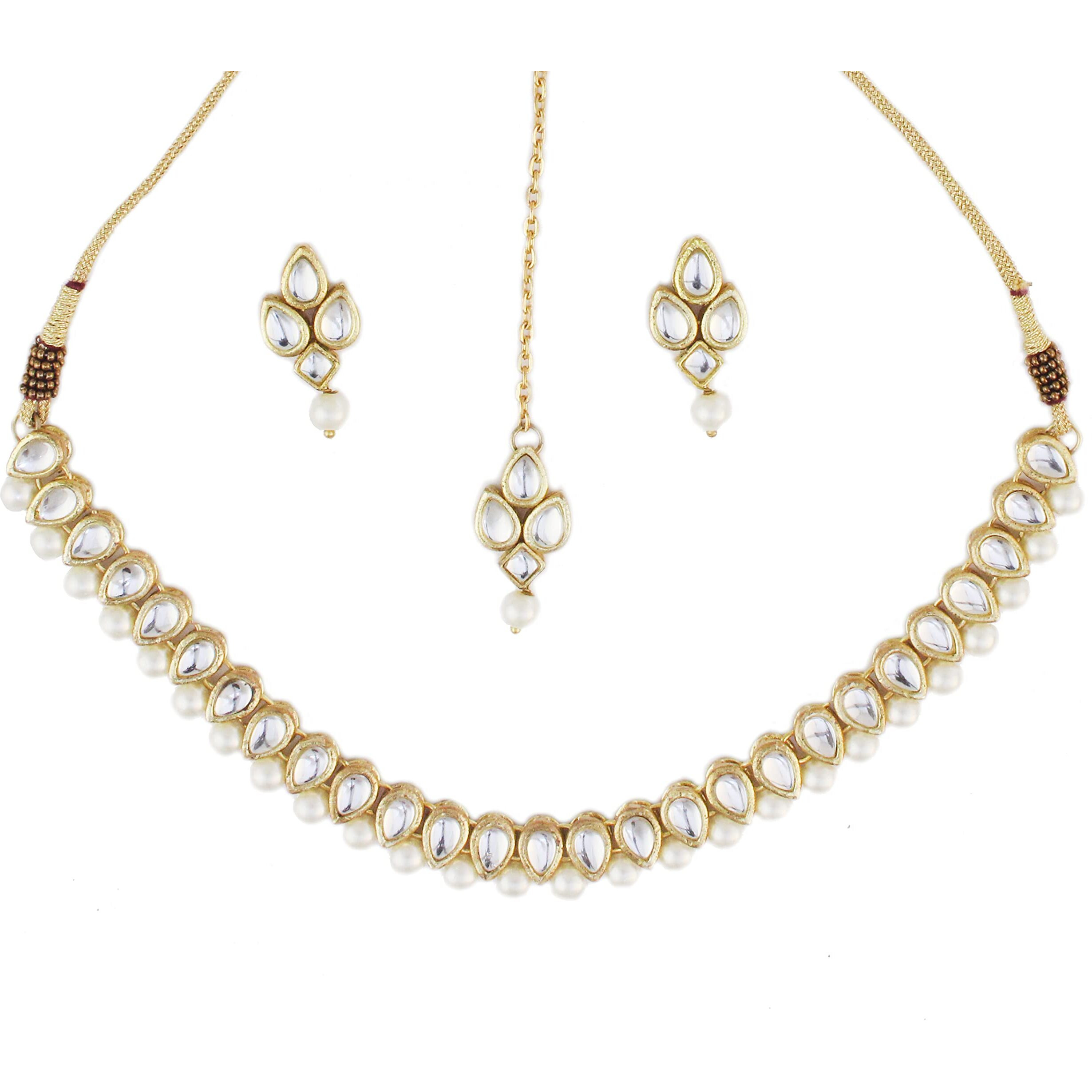 Karatcart Gold-Plated Handcrafted Kundan & Pearl Beads Studded Choker Necklace Set For Womens