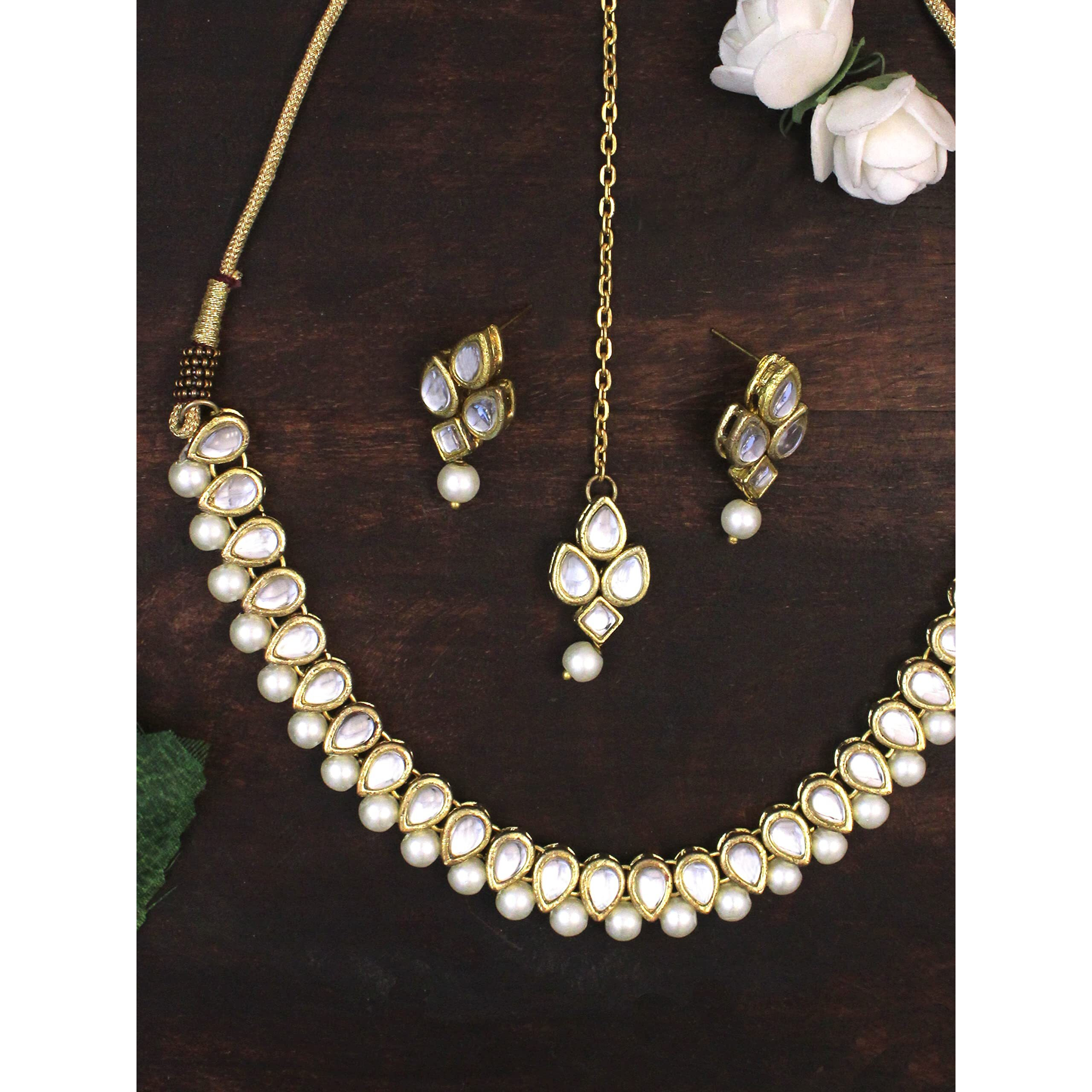 Karatcart Gold-Plated Handcrafted Kundan & Pearl Beads Studded Choker Necklace Set For Womens