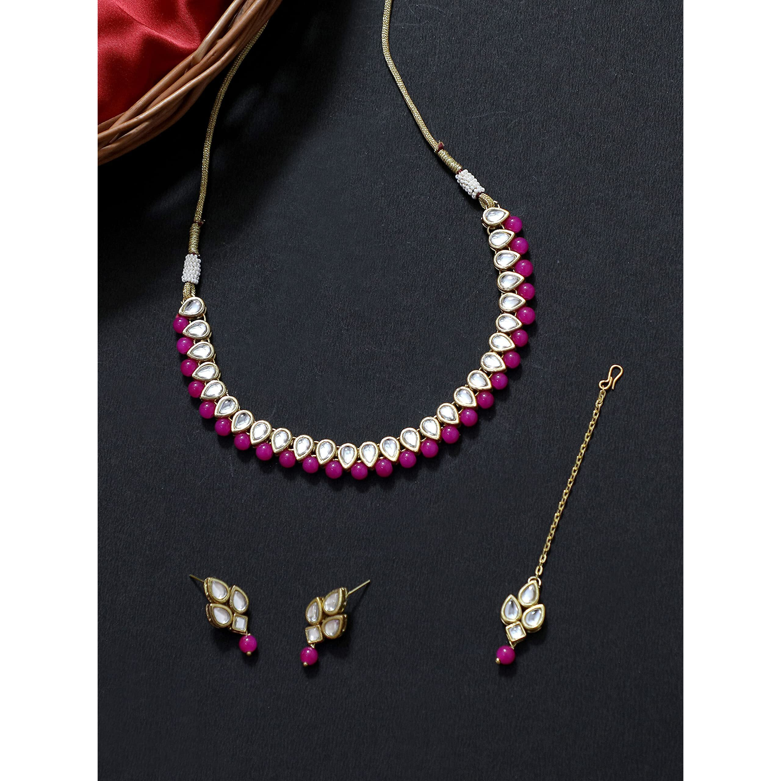 Karatcart Gold-Plated Handcrafted Kundan & Pink Beads Studded Choker Necklace Set For Womens