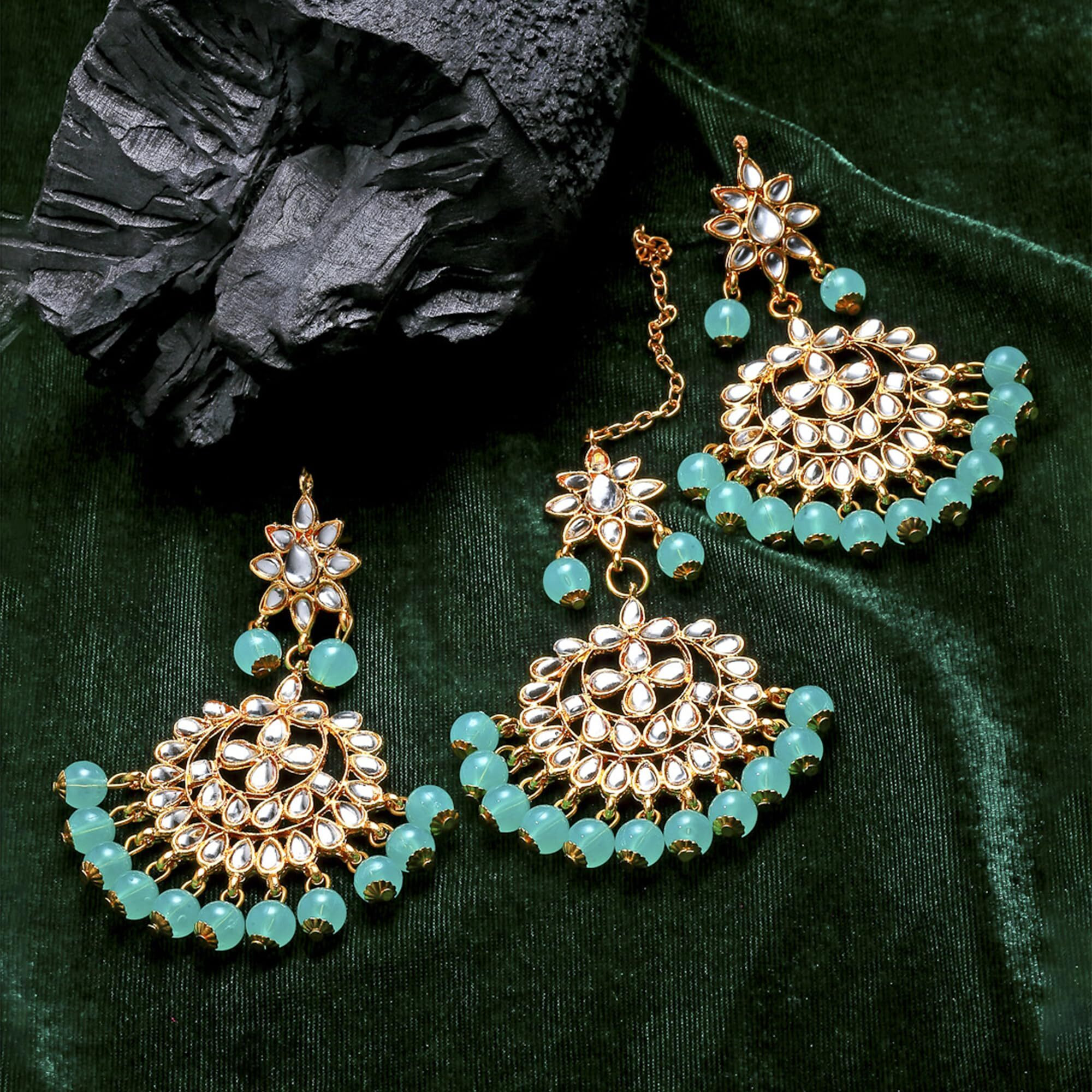 ZENEME Maang Tikka With Earrings Set Flower Shaped Gold Plated Jewellery For Women and Girls (Gold Mint Green)