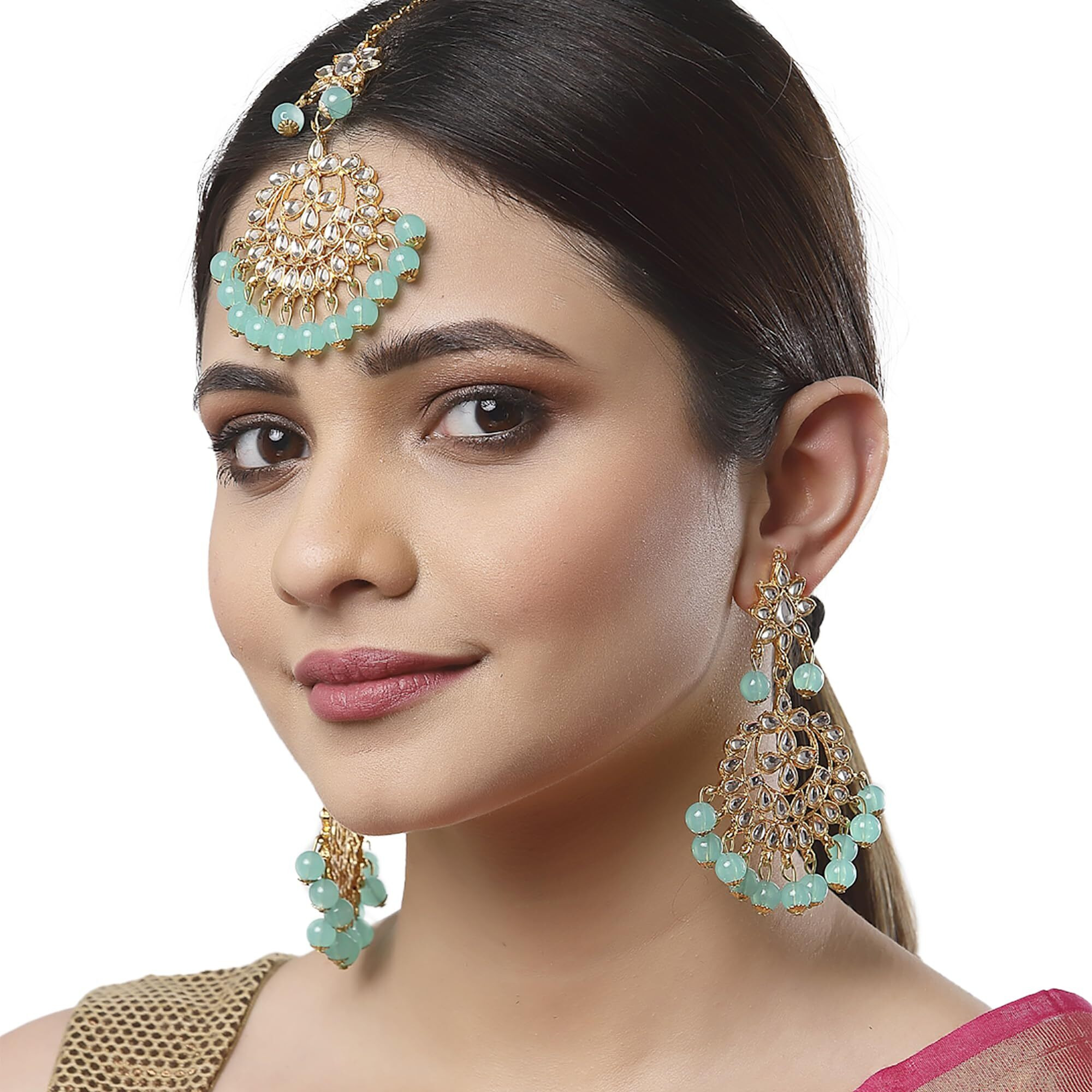 ZENEME Maang Tikka With Earrings Set Flower Shaped Gold Plated Jewellery For Women and Girls (Gold Mint Green)