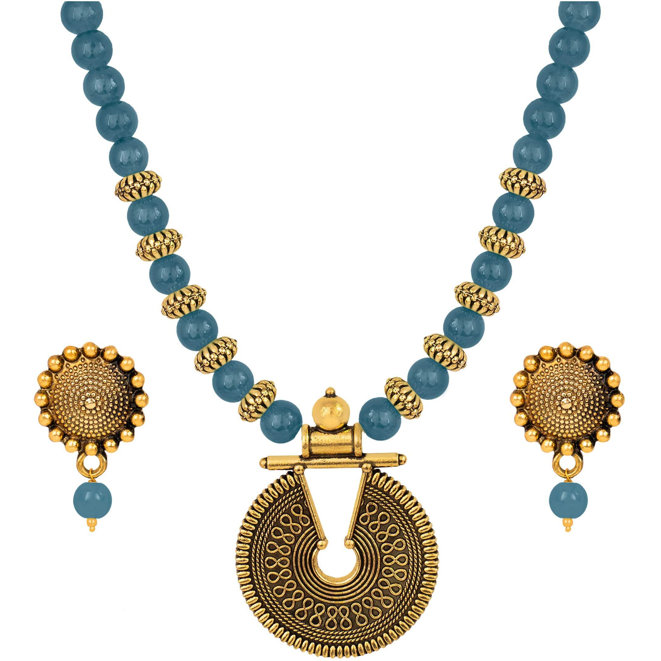 JFL - Jewellery for Less Gold Sea Blue Beaded Necklace set Keyhole pendant design adjustable length designer set for women & girls,Valentine