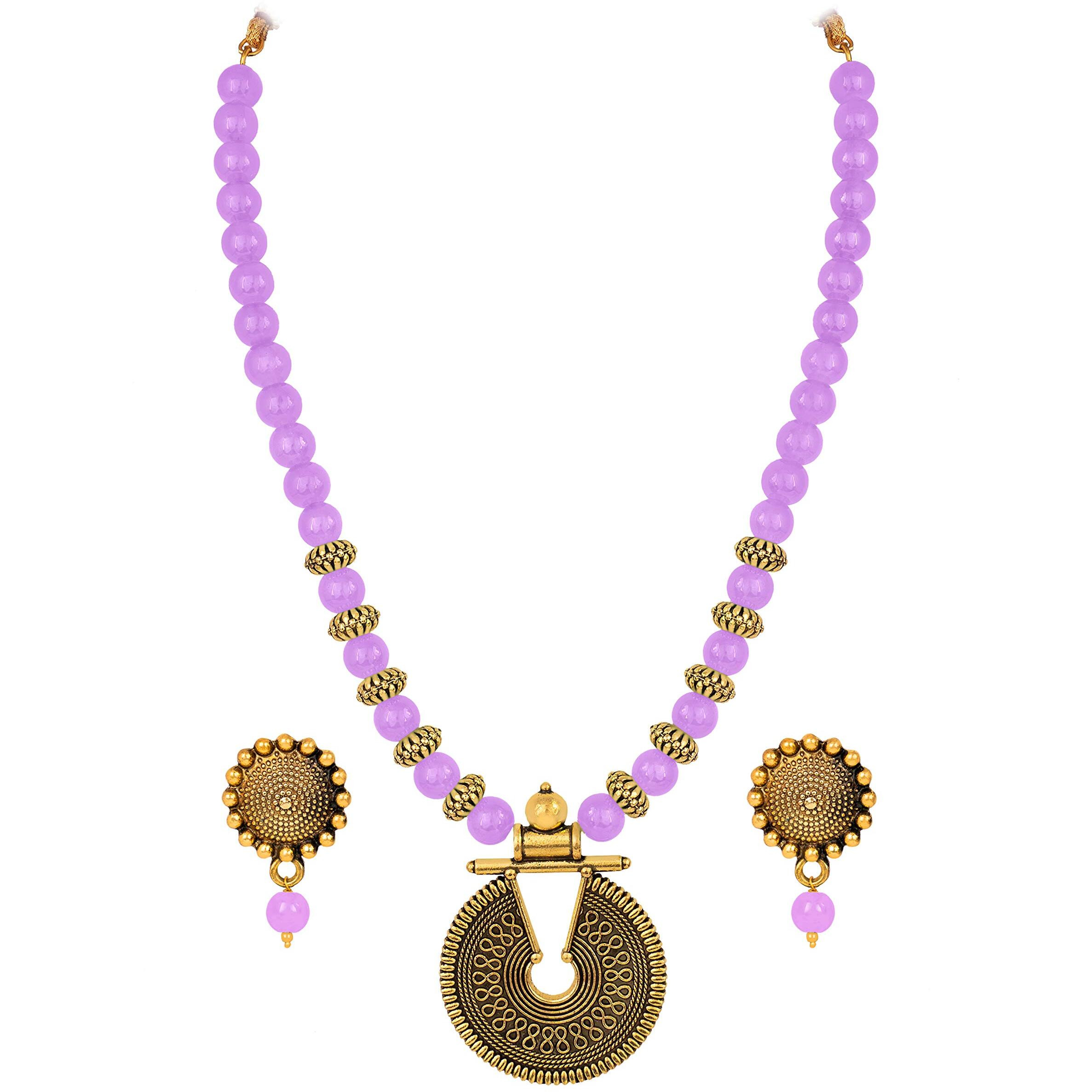 JFL - Jewellery for Less Gold Lavender Purple Beaded Necklace set Keyhole pendant design adjustable length designer set for women & girls,Valentine