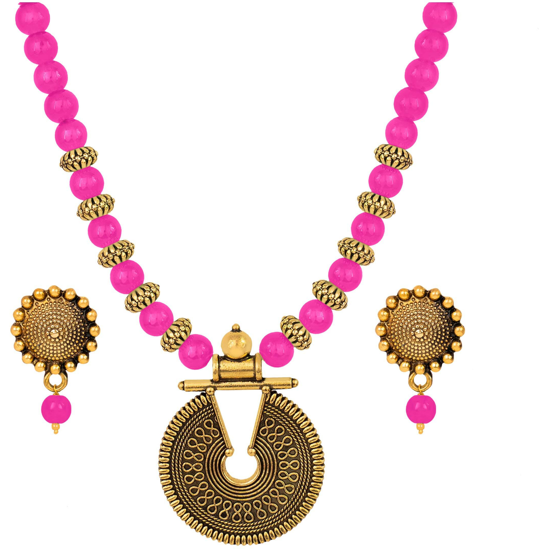 JFL - Jewellery for Less Gold Dark Pink Beaded Necklace set Keyhole pendant design adjustable length designer set for women & girls,Valentine