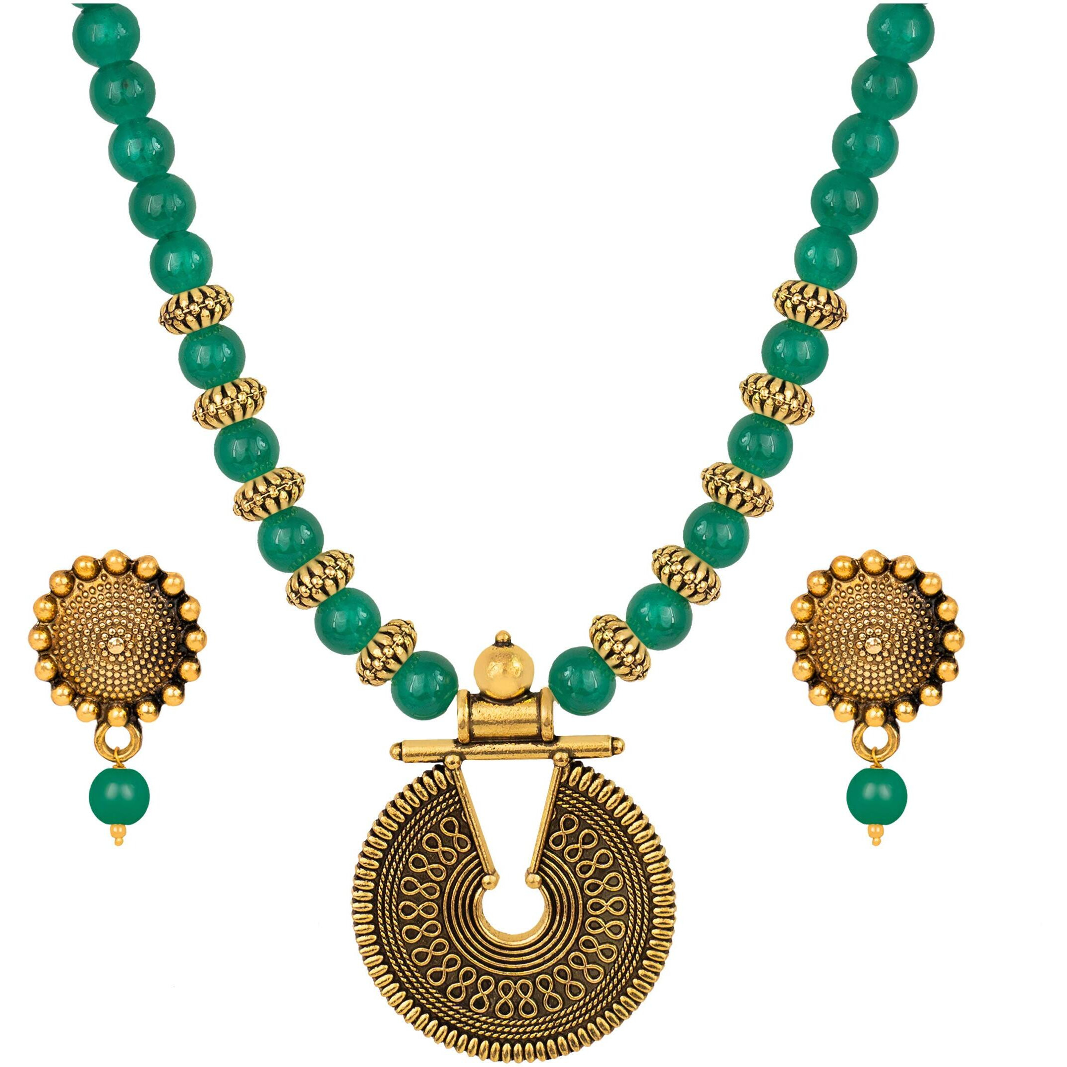 JFL - Jewellery for Less Gold Green Beaded Necklace set Keyhole pendant design adjustable length designer set for women & girls,Valentine