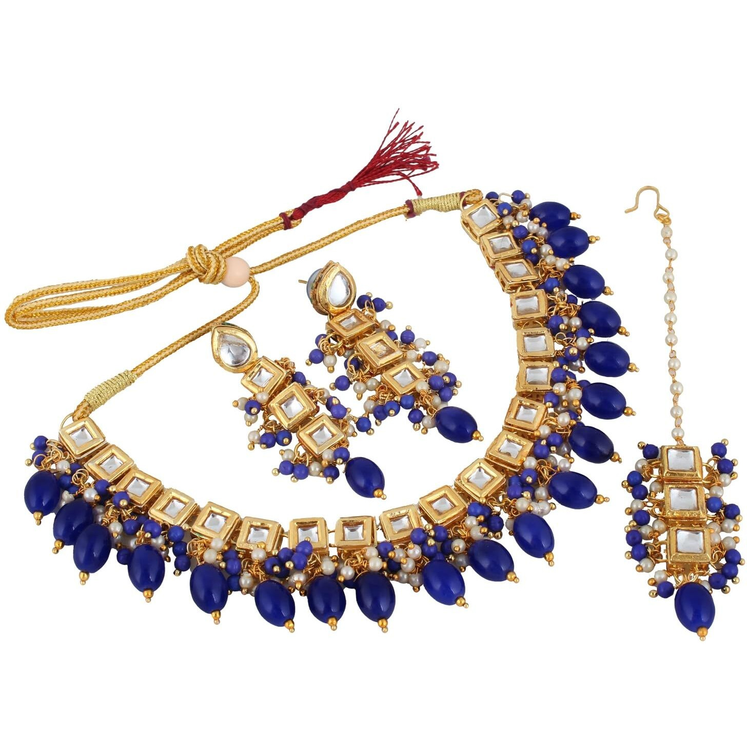 LUCKY JEWELLERY Back Meenakari 18k Gold Plated Blue Color Square Shape Tika Earring Combo Jewellery Set Uncut Kundan Big Faux Kundan Dibbi Kundan Choker Necklace Set for Girls & Women