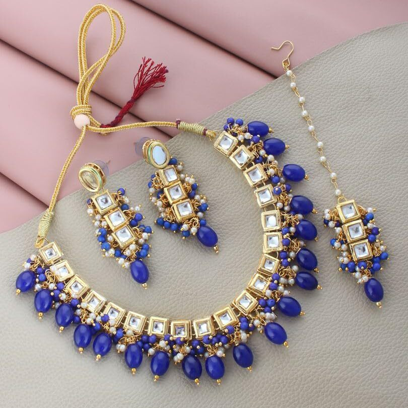 LUCKY JEWELLERY Back Meenakari 18k Gold Plated Blue Color Square Shape Tika Earring Combo Jewellery Set Uncut Kundan Big Faux Kundan Dibbi Kundan Choker Necklace Set for Girls & Women