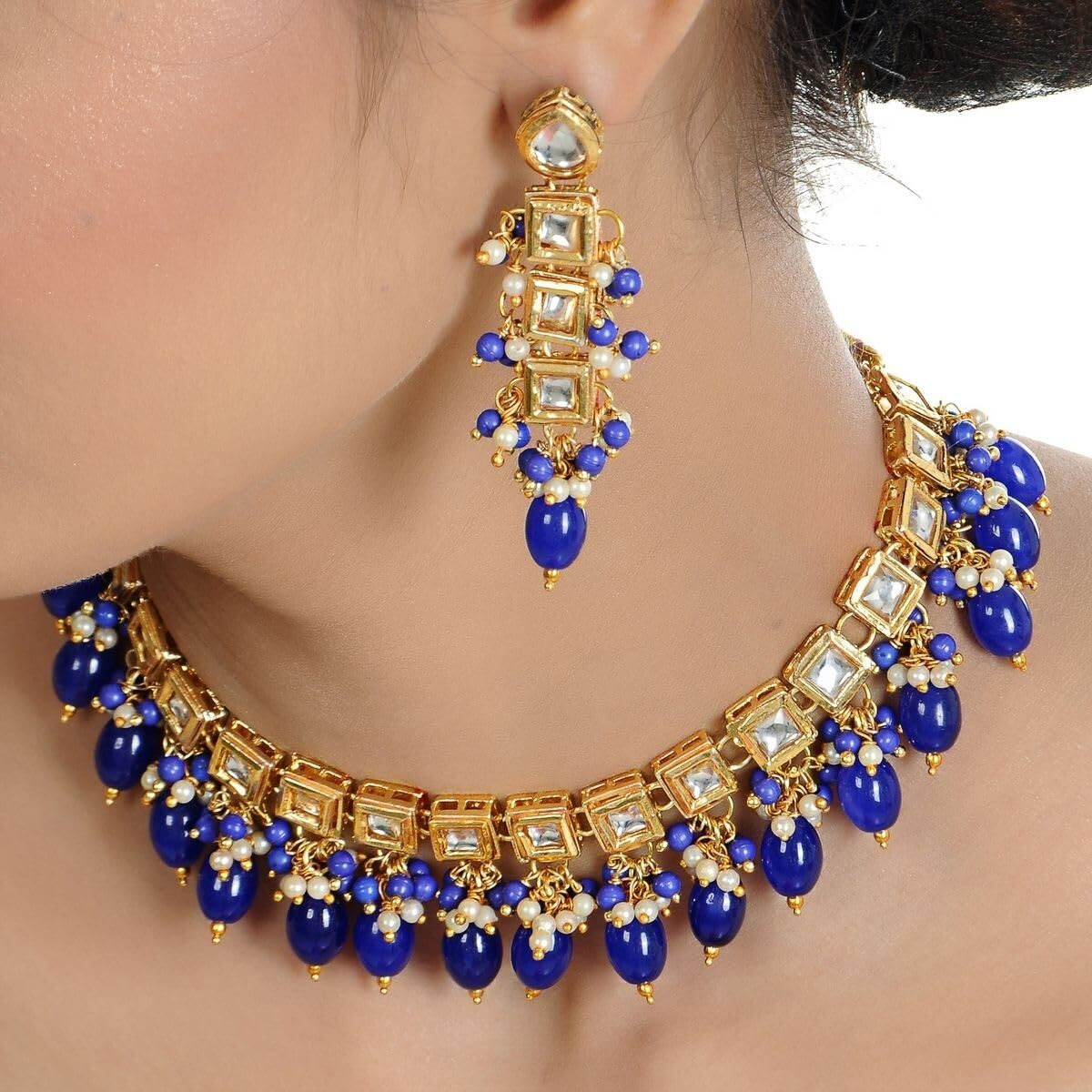 LUCKY JEWELLERY Back Meenakari 18k Gold Plated Blue Color Square Shape Tika Earring Combo Jewellery Set Uncut Kundan Big Faux Kundan Dibbi Kundan Choker Necklace Set for Girls & Women