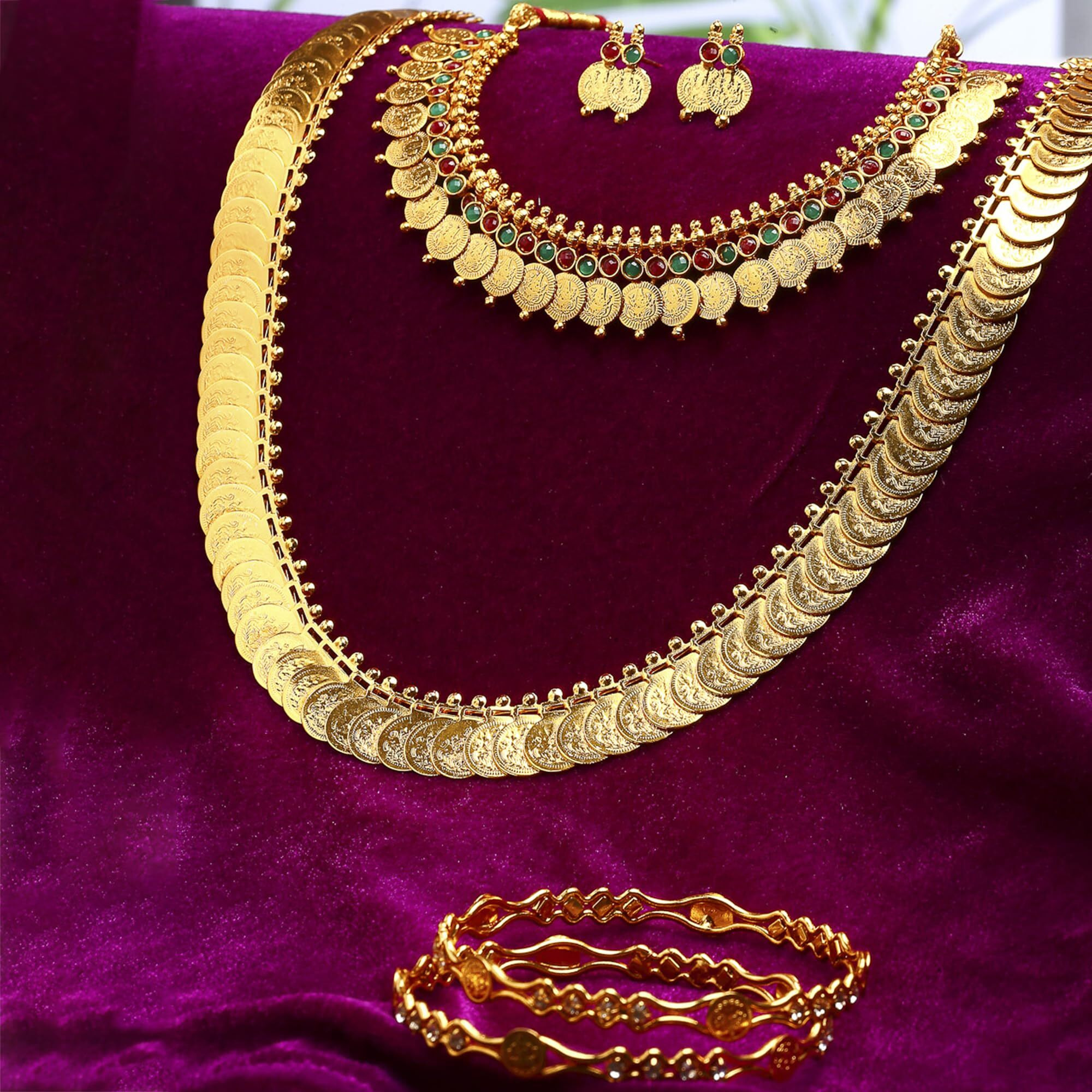 ZENEME Gold Plated and Bangles & Maharani Temple Coin Necklace Set for Women & Girls (Design_08, 2.6 Inches)