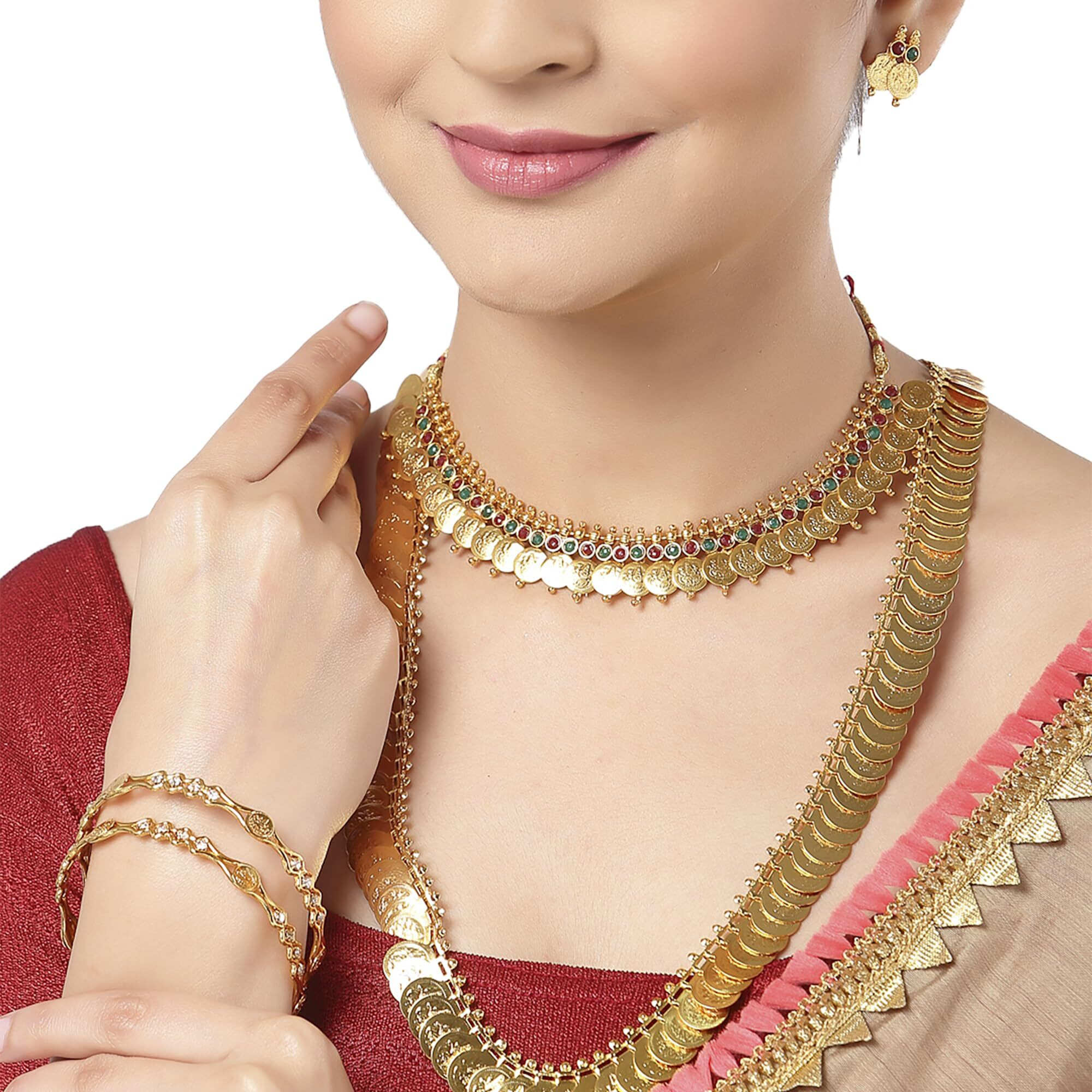 ZENEME Gold Plated and Bangles & Maharani Temple Coin Necklace Set for Women & Girls (Design_08, 2.6 Inches)