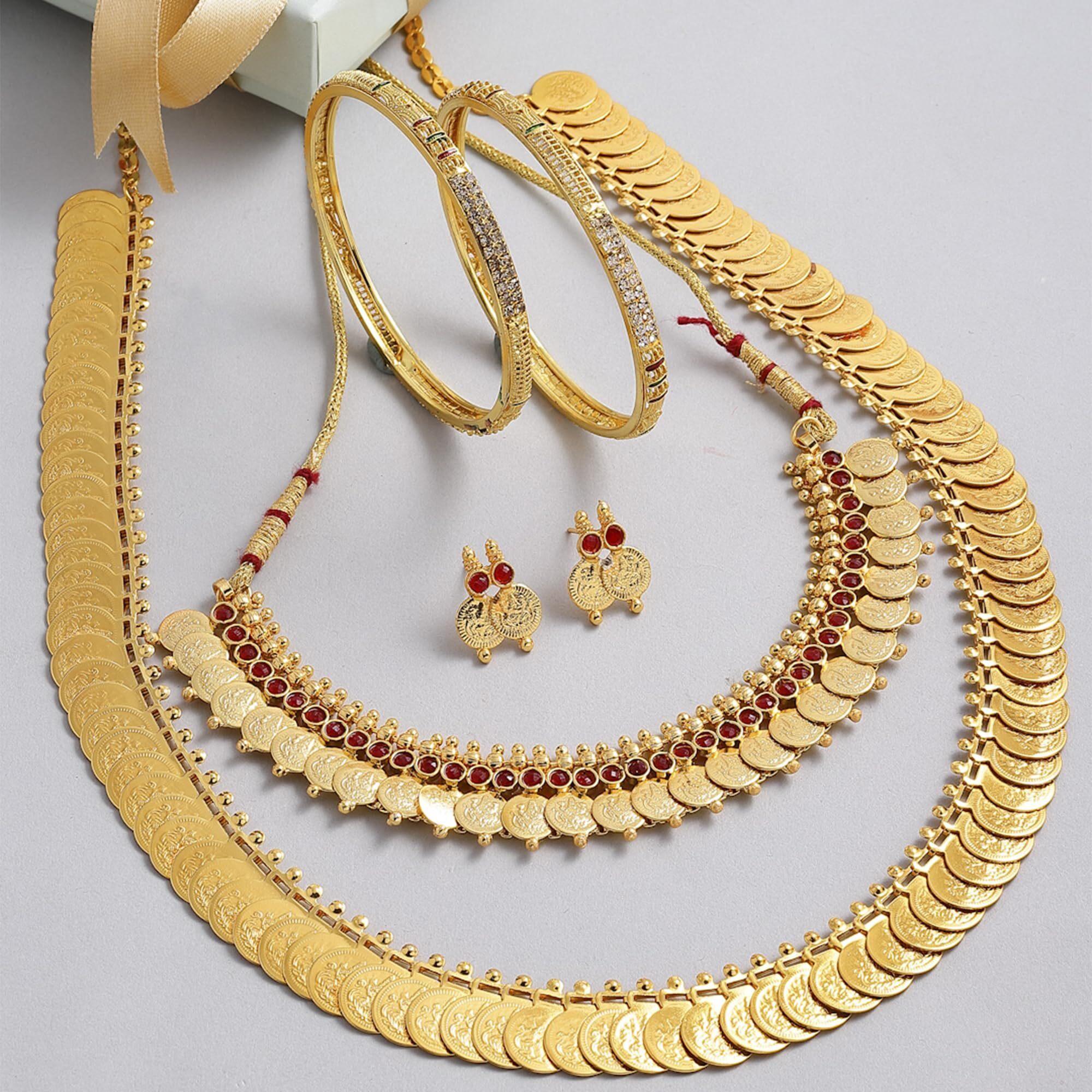 ZENEME Gold Plated and Bangles & Maharani Temple Coin Necklace Set for Women & Girls (Design_05, 2.4 Inches)