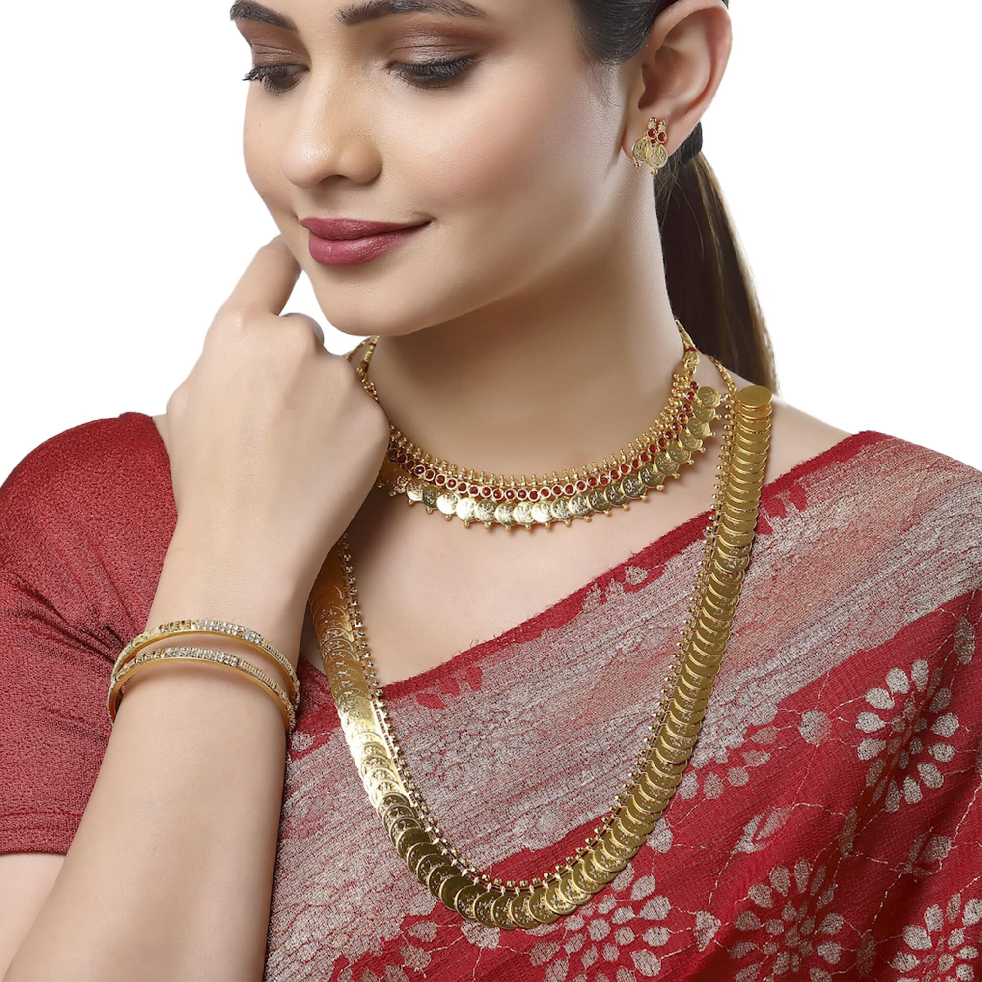 ZENEME Gold Plated and Bangles & Maharani Temple Coin Necklace Set for Women & Girls (Design_05, 2.4 Inches)