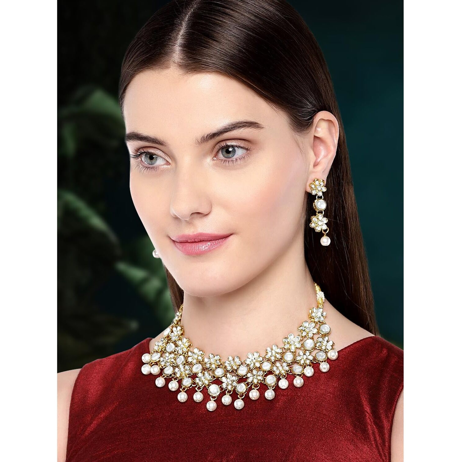 Peora 18K Gold Plated Flower Kundan Pearl Necklace with Maang Tikka Earring Traditional Jewellery Set for Women Girls