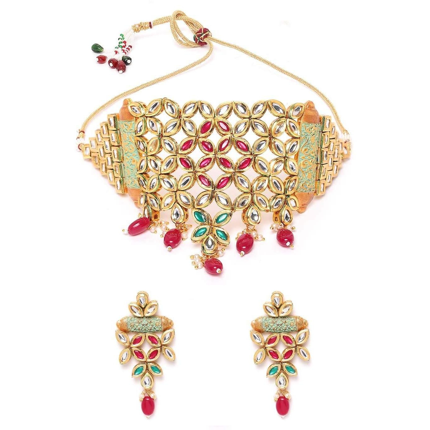 Priyaasi Red & Green Kundan Choker Set/ Jewellery Set for Women | Gold-Plated | Brass Metal | Stone-Studded & Beaded | Flower-Inspired Ethnic Design | Bridal Jewellery Set for Wedding, Puja, & Festivals