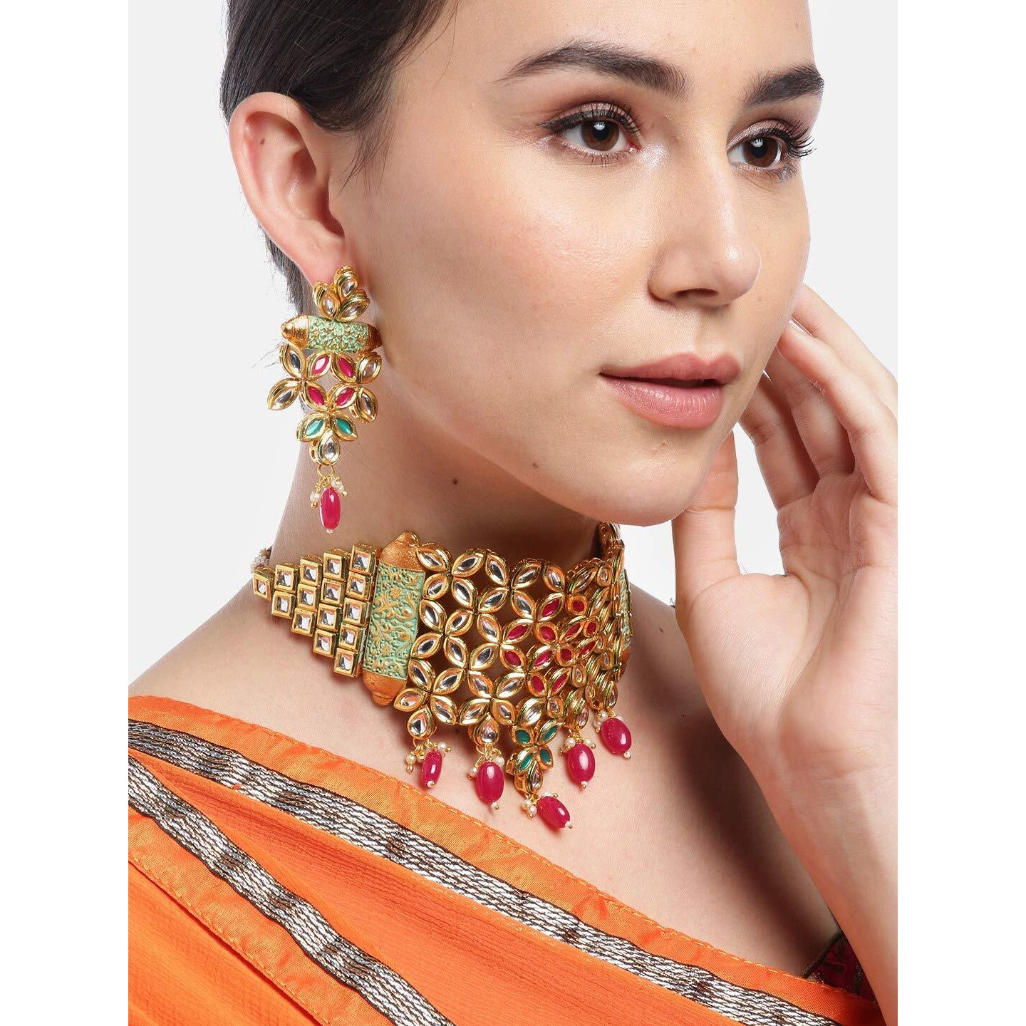 Priyaasi Red & Green Kundan Choker Set/ Jewellery Set for Women | Gold-Plated | Brass Metal | Stone-Studded & Beaded | Flower-Inspired Ethnic Design | Bridal Jewellery Set for Wedding, Puja, & Festivals