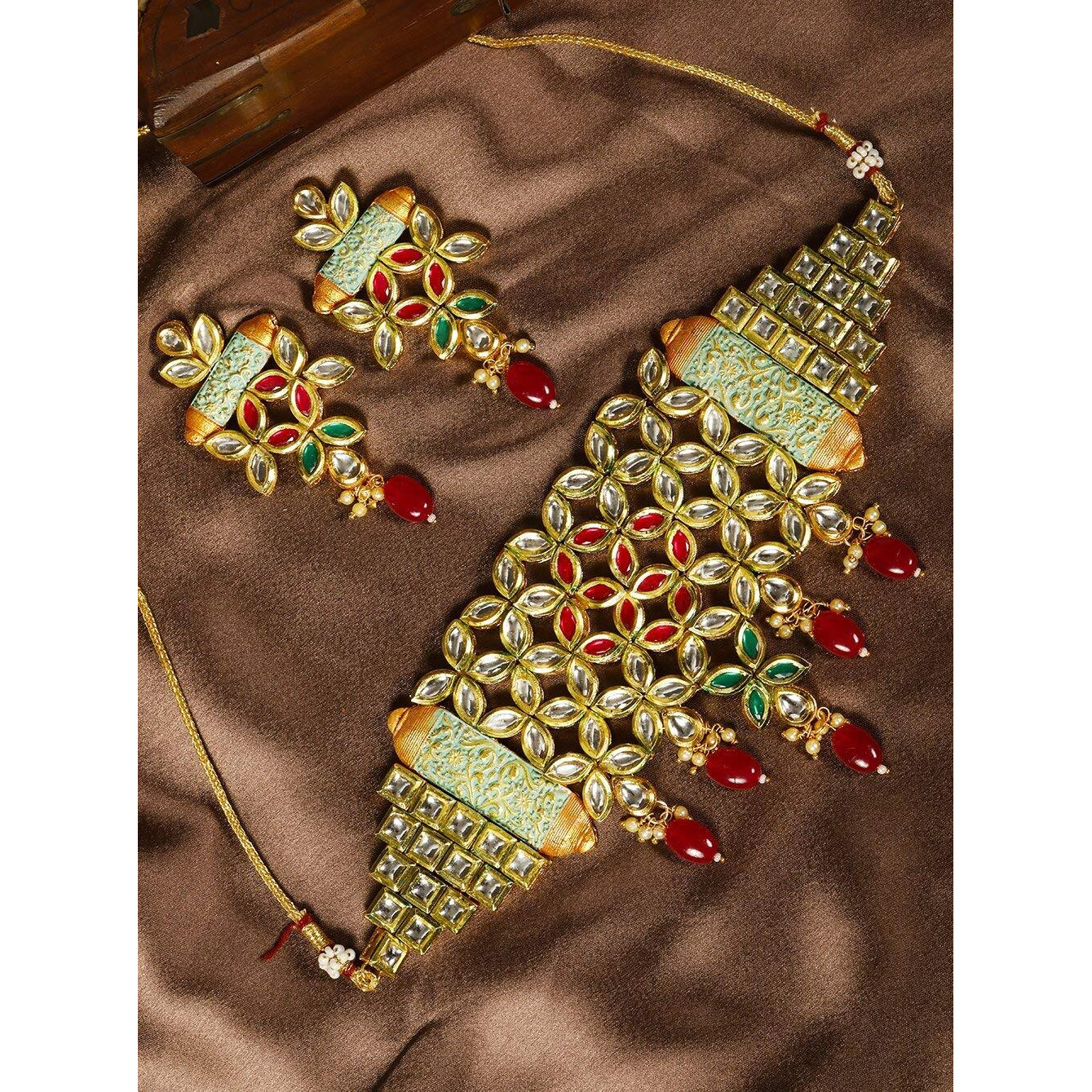 Priyaasi Red & Green Kundan Choker Set/ Jewellery Set for Women | Gold-Plated | Brass Metal | Stone-Studded & Beaded | Flower-Inspired Ethnic Design | Bridal Jewellery Set for Wedding, Puja, & Festivals