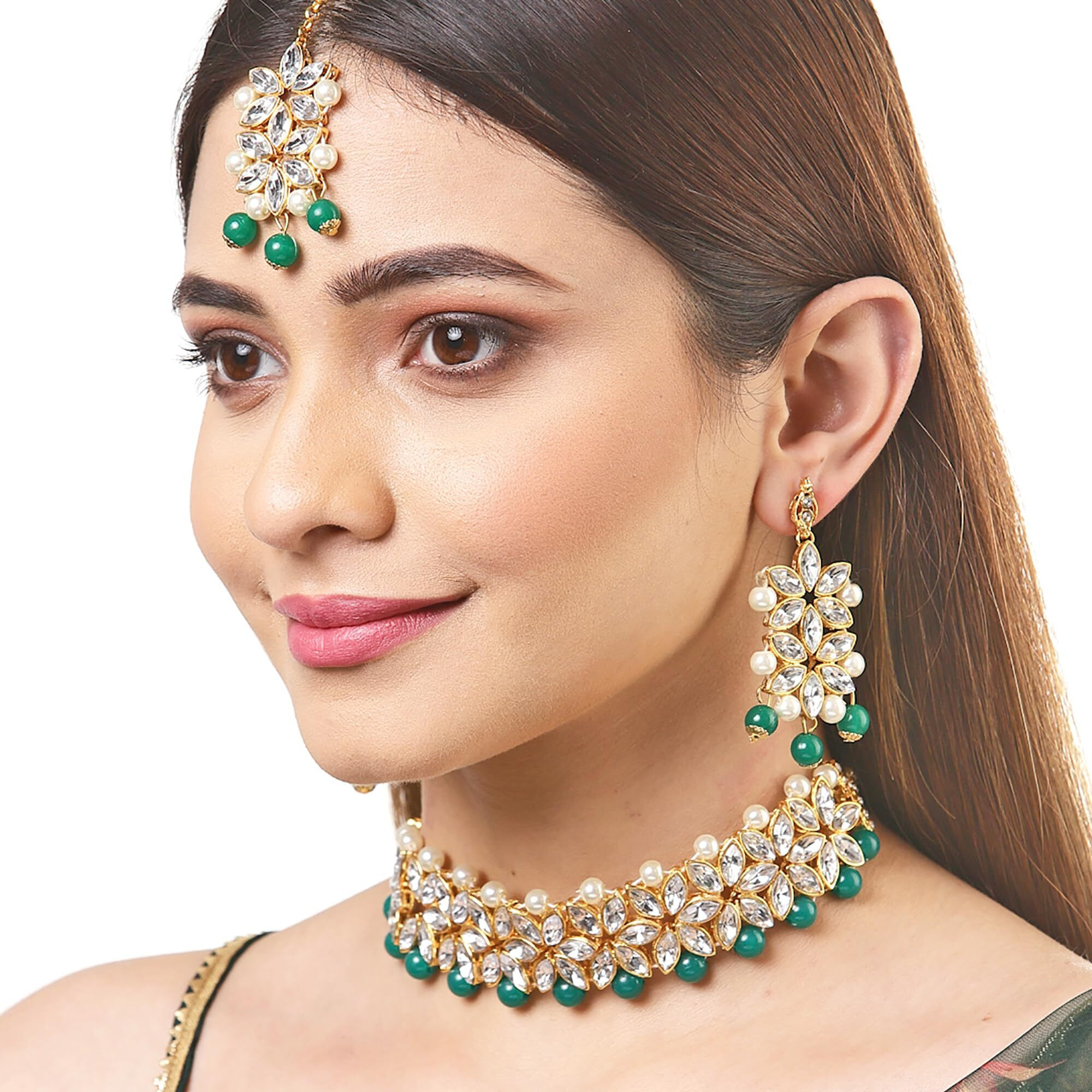 ZENEME Flower Shaped Choker Wedding Necklace Earrings Maang Tikka Jewellery For Women (Green White)