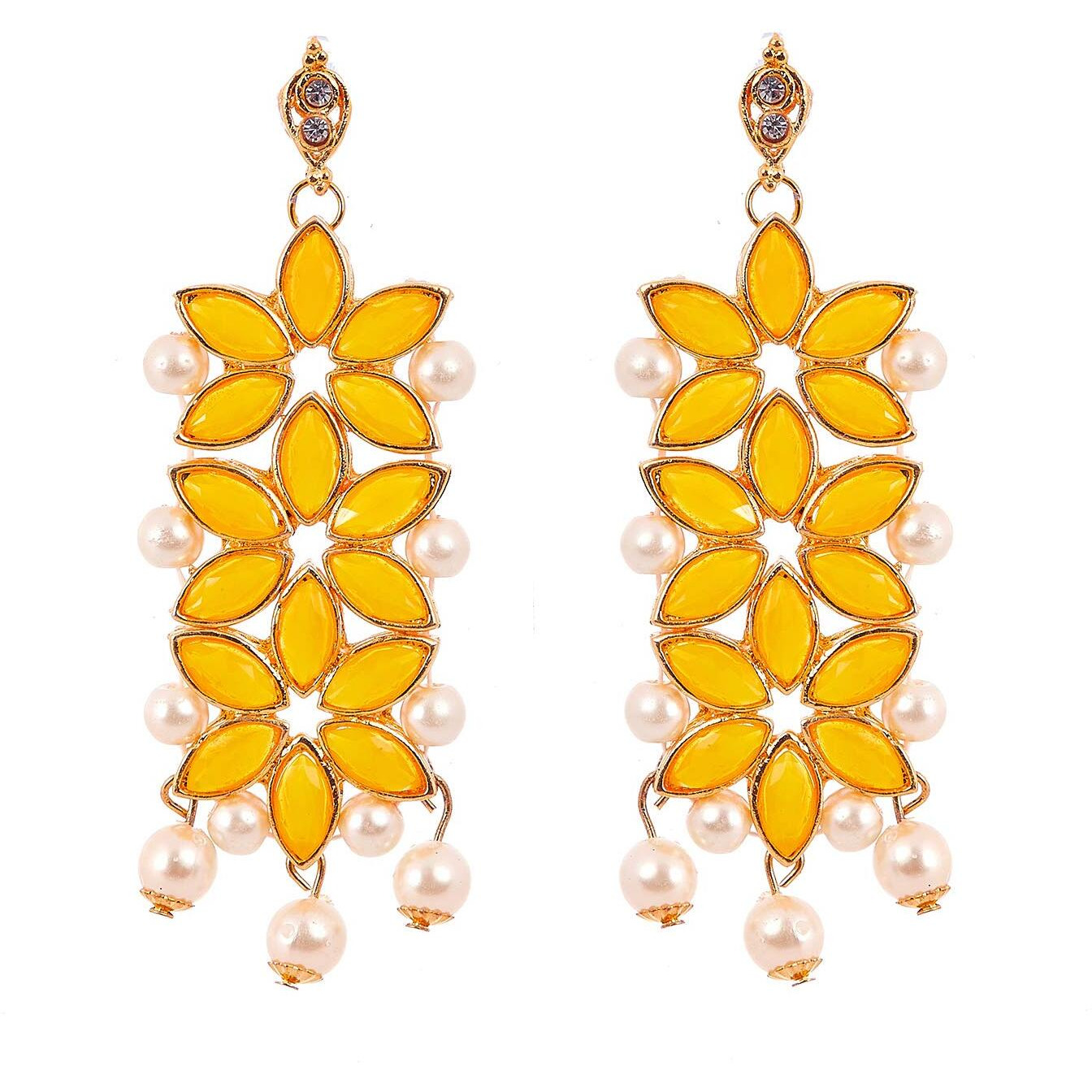 ZENEME Flower Shaped Choker Wedding Necklace Earrings Maang Tikka Jewellery For Women (Yellow)