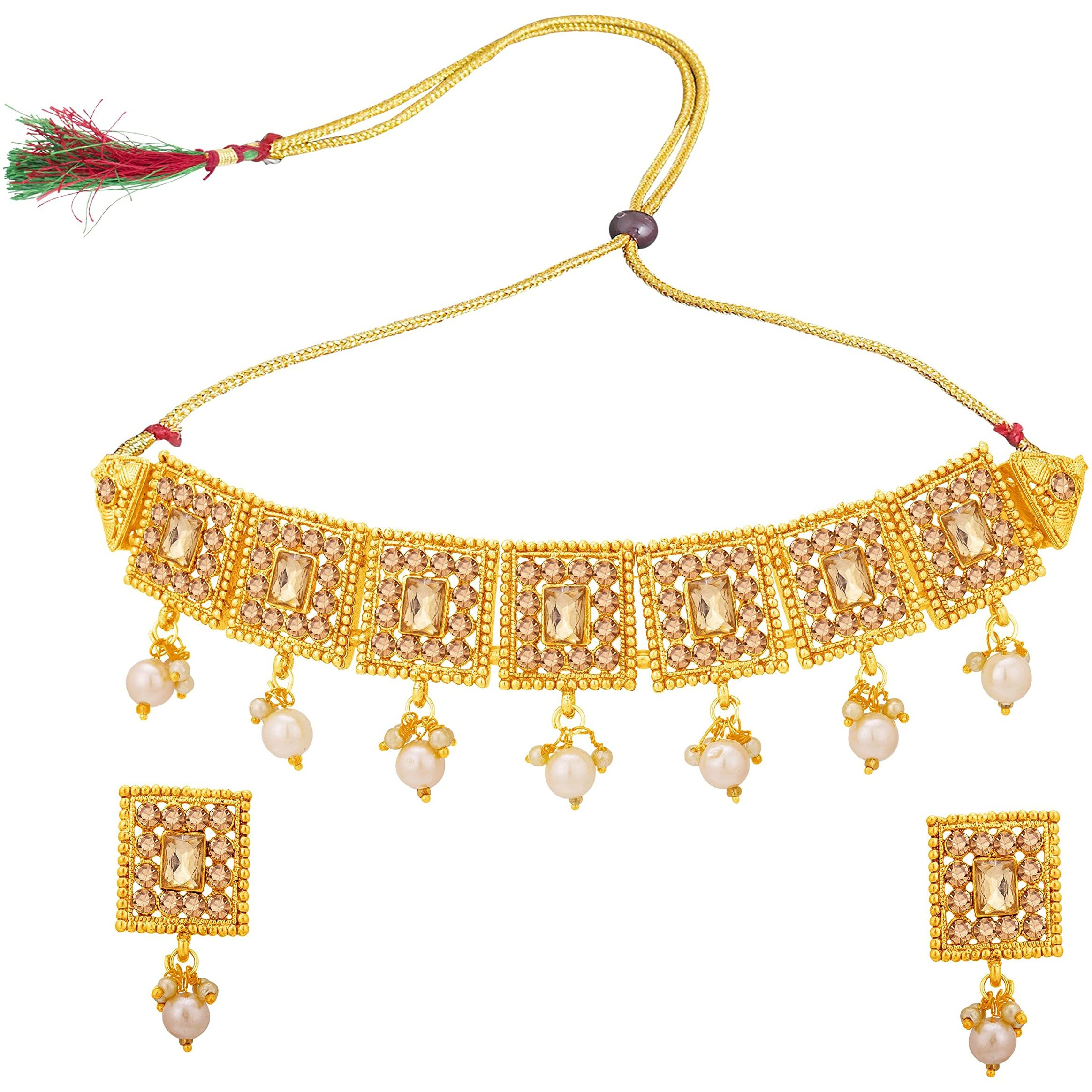 Sukkhi Fascinate Gold Plated Colour Stone & Pearl Collar Necklace Set For Women (NS102734)