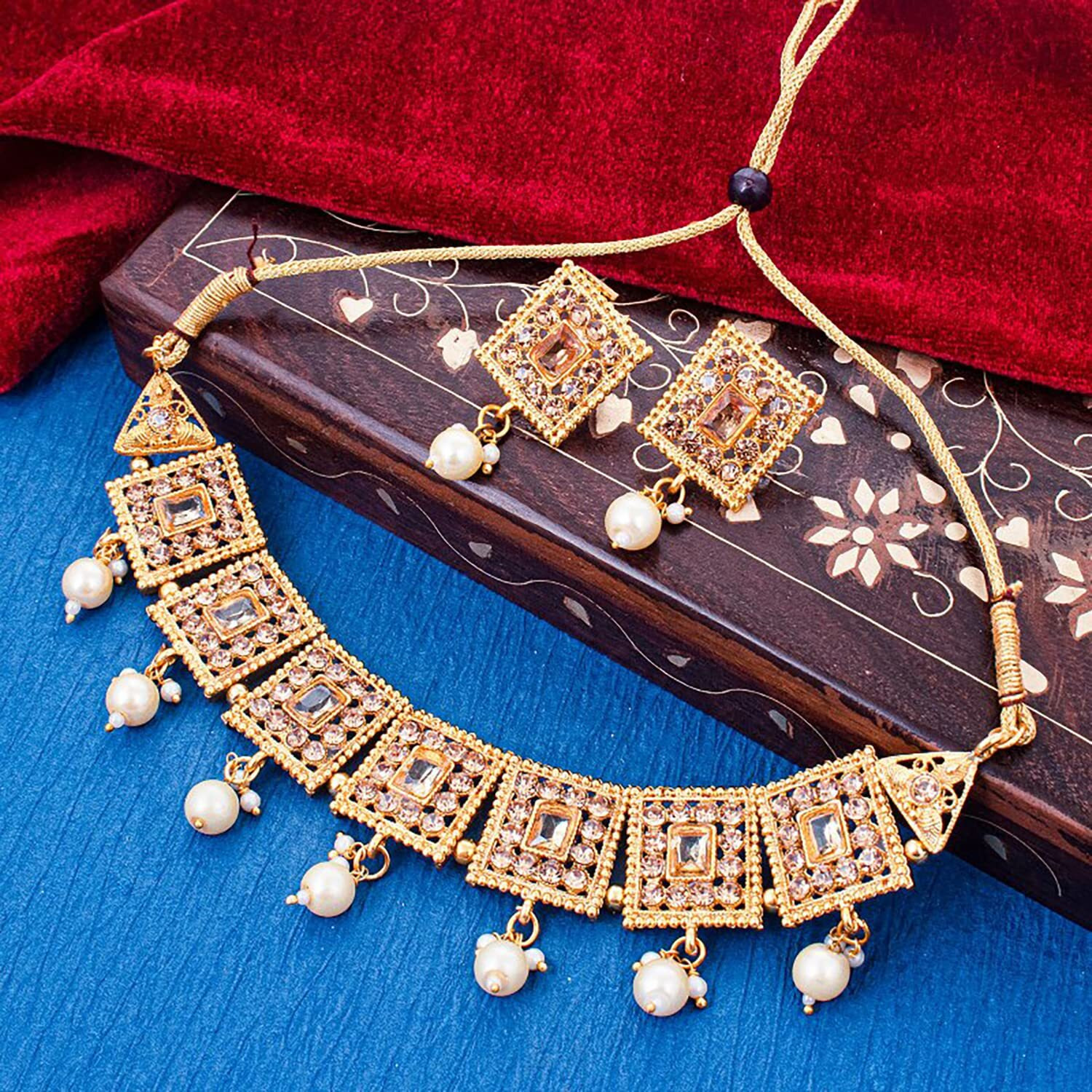 Sukkhi Fascinate Gold Plated Colour Stone & Pearl Collar Necklace Set For Women (NS102734)