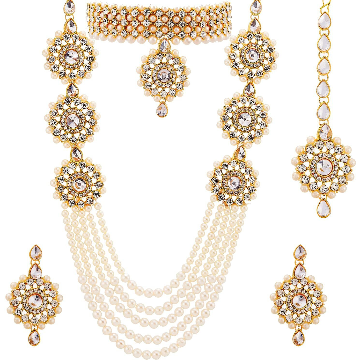 Womens Gold Plated Bridal Long Necklace Set Neck Choker with Earrings and Maang Tikka for Women & Girls (Gold)