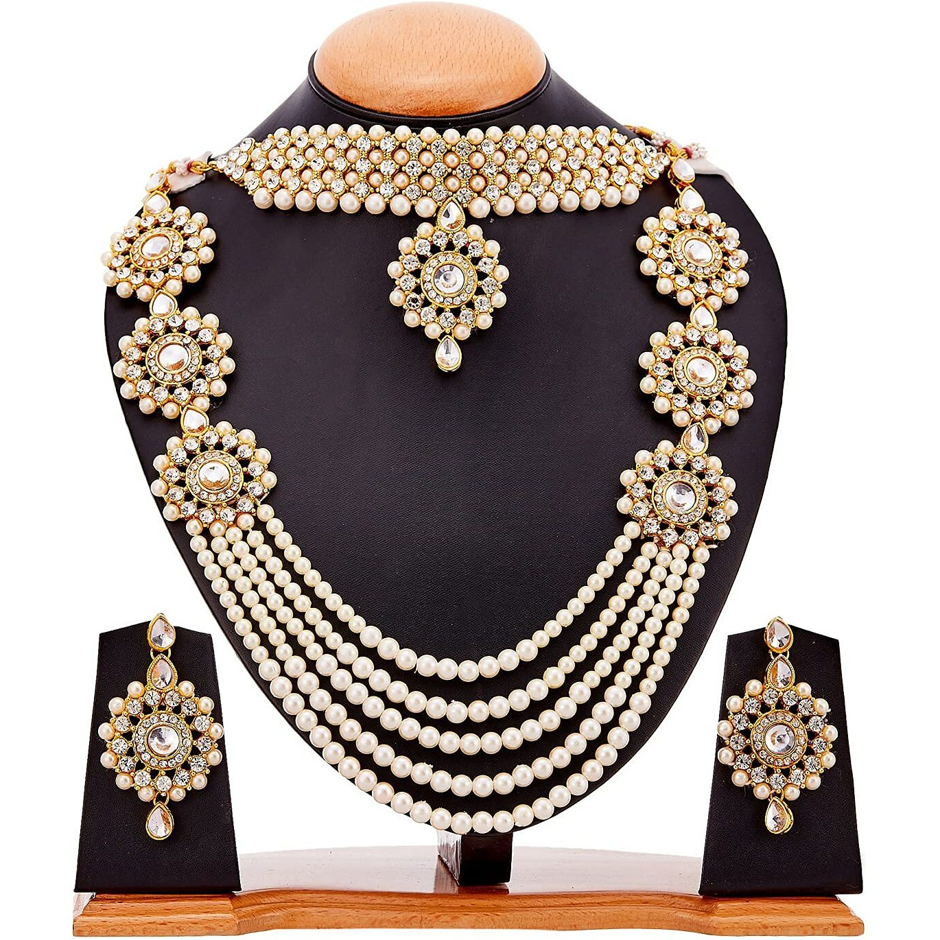 Womens Gold Plated Bridal Long Necklace Set Neck Choker with Earrings and Maang Tikka for Women & Girls (Gold)