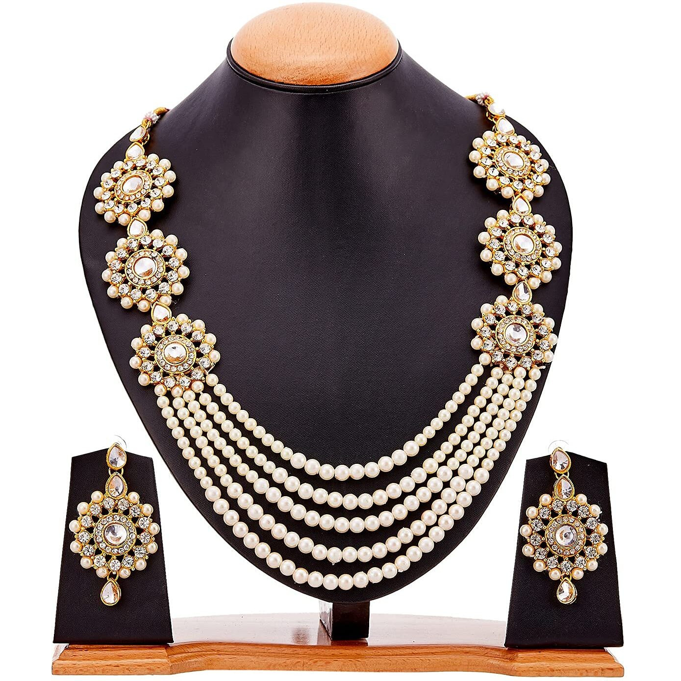 Womens Gold Plated Bridal Long Necklace Set Neck Choker with Earrings and Maang Tikka for Women & Girls (Gold)