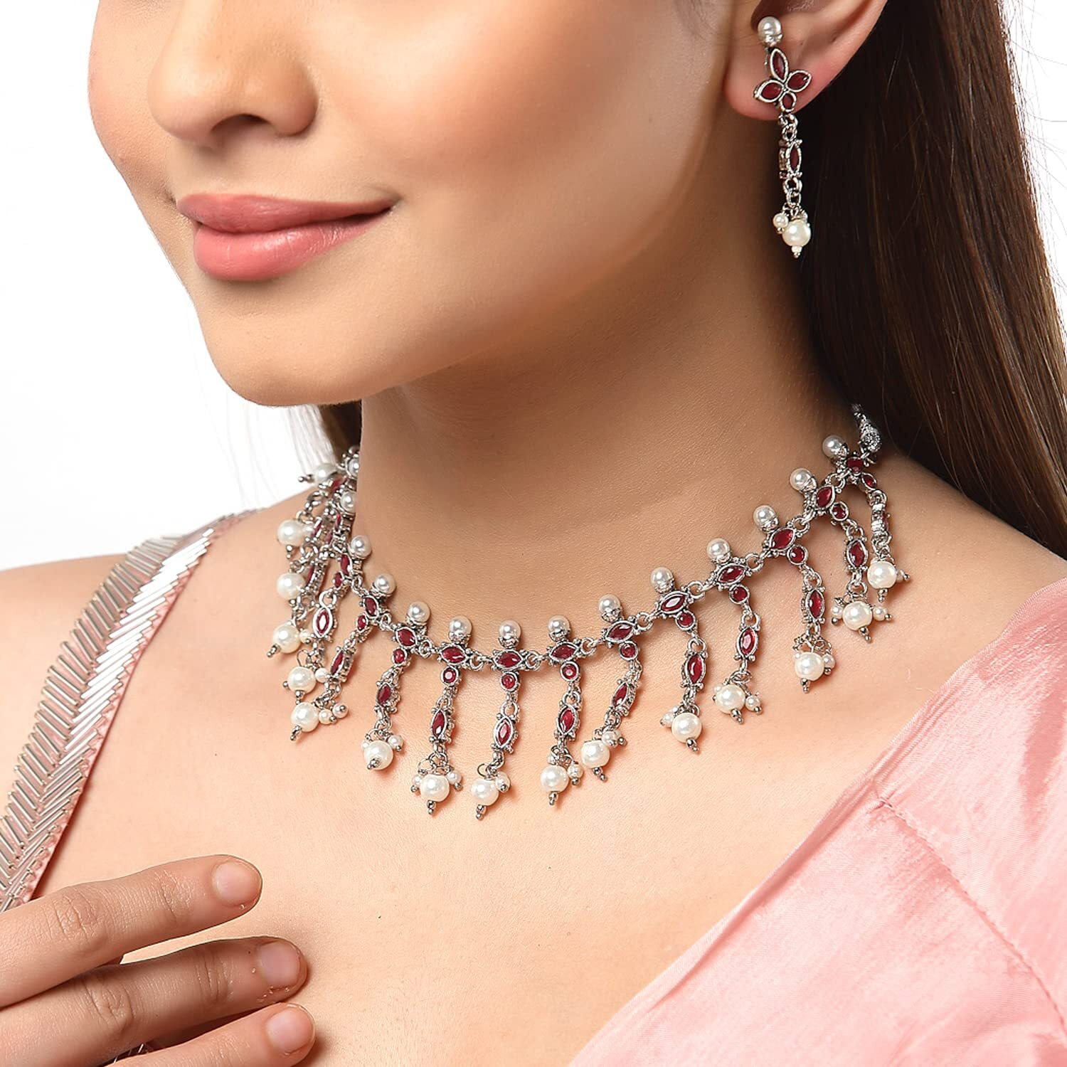 ZENEME Fashion Jewellery Antique Oxidised Silver Plated Tribal Pink Silver-Plated AD Studded Pearl Necklace With Earrings Jewellery For Women & Girls (Style 3)