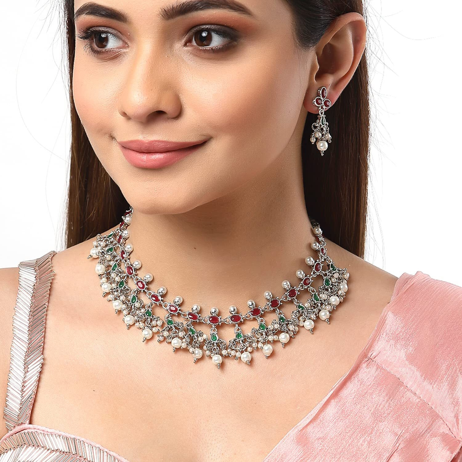 ZENEME Fashion Jewellery Antique Oxidised Silver Plated Tribal Pink Silver-Plated AD Studded Pearl Necklace With Earrings Jewellery For Women & Girls (Style 2)