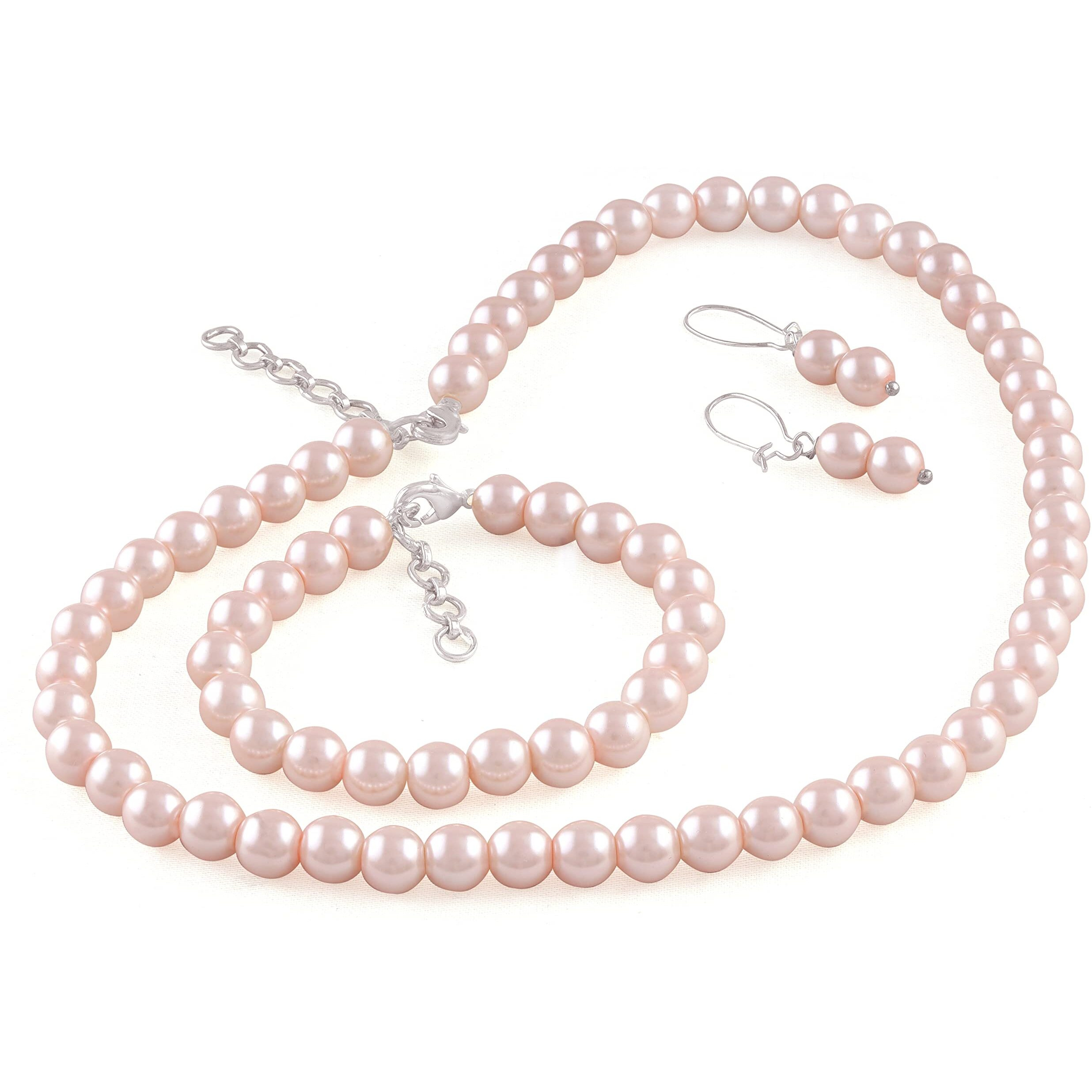 JFL - Jewellery for Less Combo Imitation 6mm Baby Pink Round Pearl Necklace Set Moti Mala Pearl Set With Earrings,Bracelet Handcrafted (Baby pink 8mm),Valentine