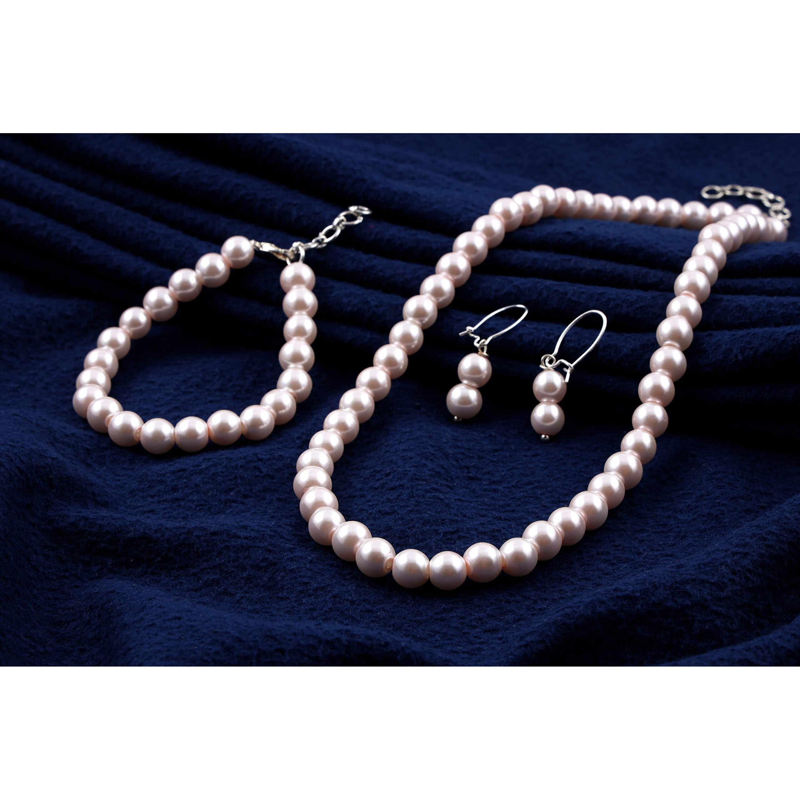 JFL - Jewellery for Less Combo Imitation 6mm Baby Pink Round Pearl Necklace Set Moti Mala Pearl Set With Earrings,Bracelet Handcrafted (Baby pink 8mm),Valentine