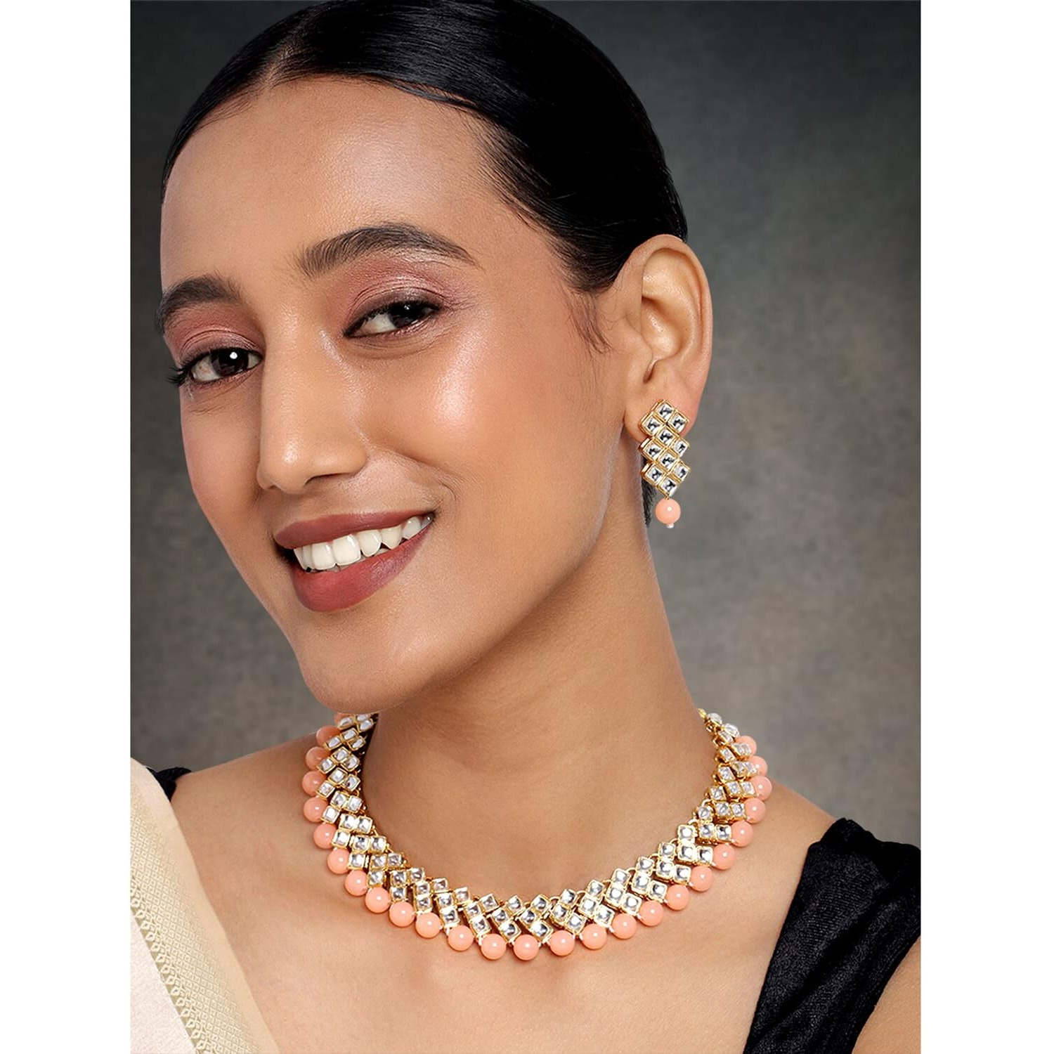 Peora Gold Plated Indian Ethnic Kundan Pearl Fancy Bridal Traditional Choker Necklace Jewellery Set with Earrings for Women